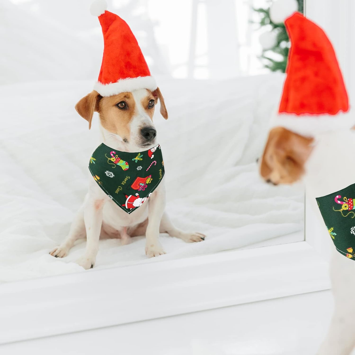 2Pcs Christmas Dog Bandanas, Triangle Washable Cat Bandana for Small Medium Large Dogs Cats, Red Green, 32*62Cm