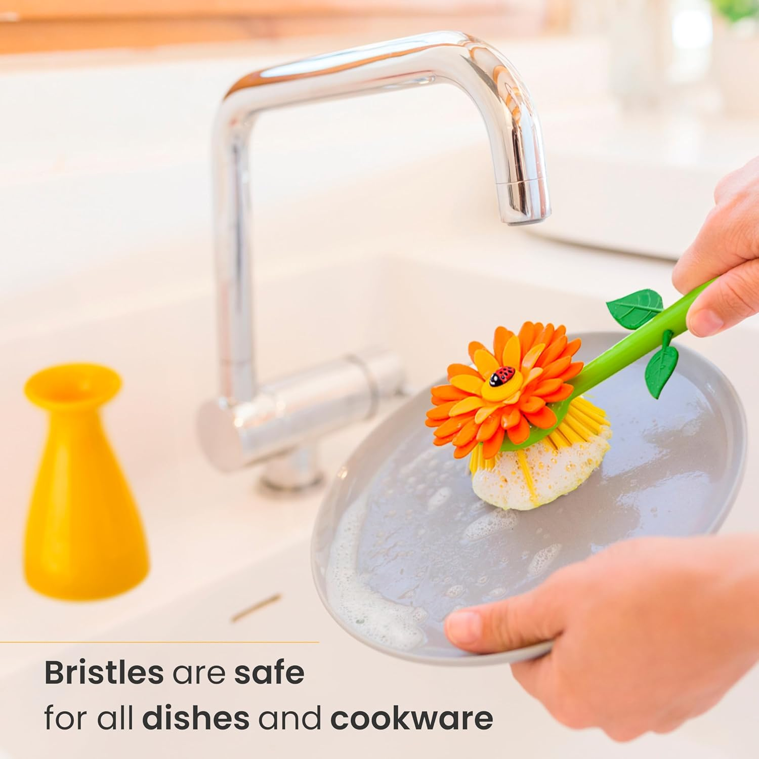 Vigar Flower Power Dish Brush with Vase, Orange (2 Pieces) image number 5