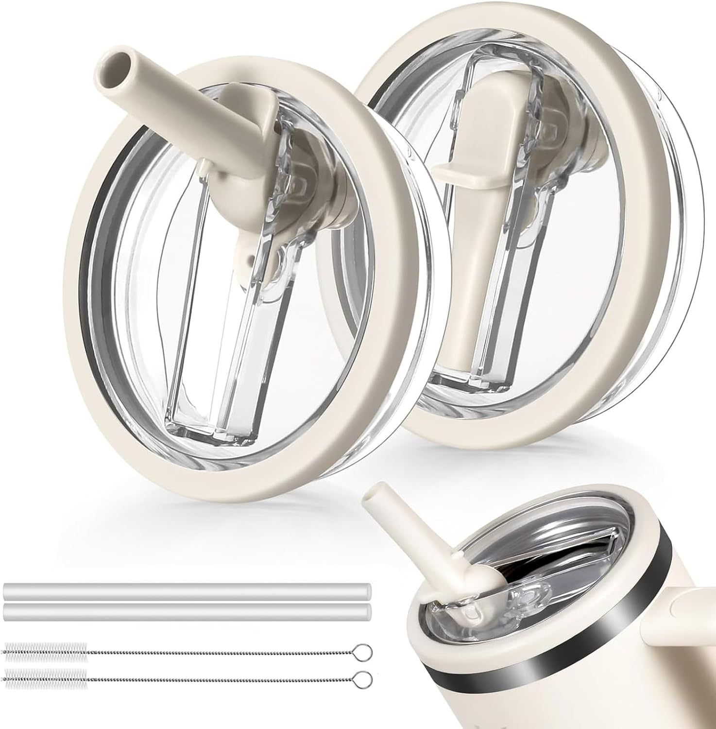 40 Oz Tumbler Flip Straw Lid Replacement Fit for Stanley Quencher, Leak-Proof Splash Resistant Tumbler Lids,Reusable Tumbler Cover for Stanley Cup (2 Pack Cream White) image number 3