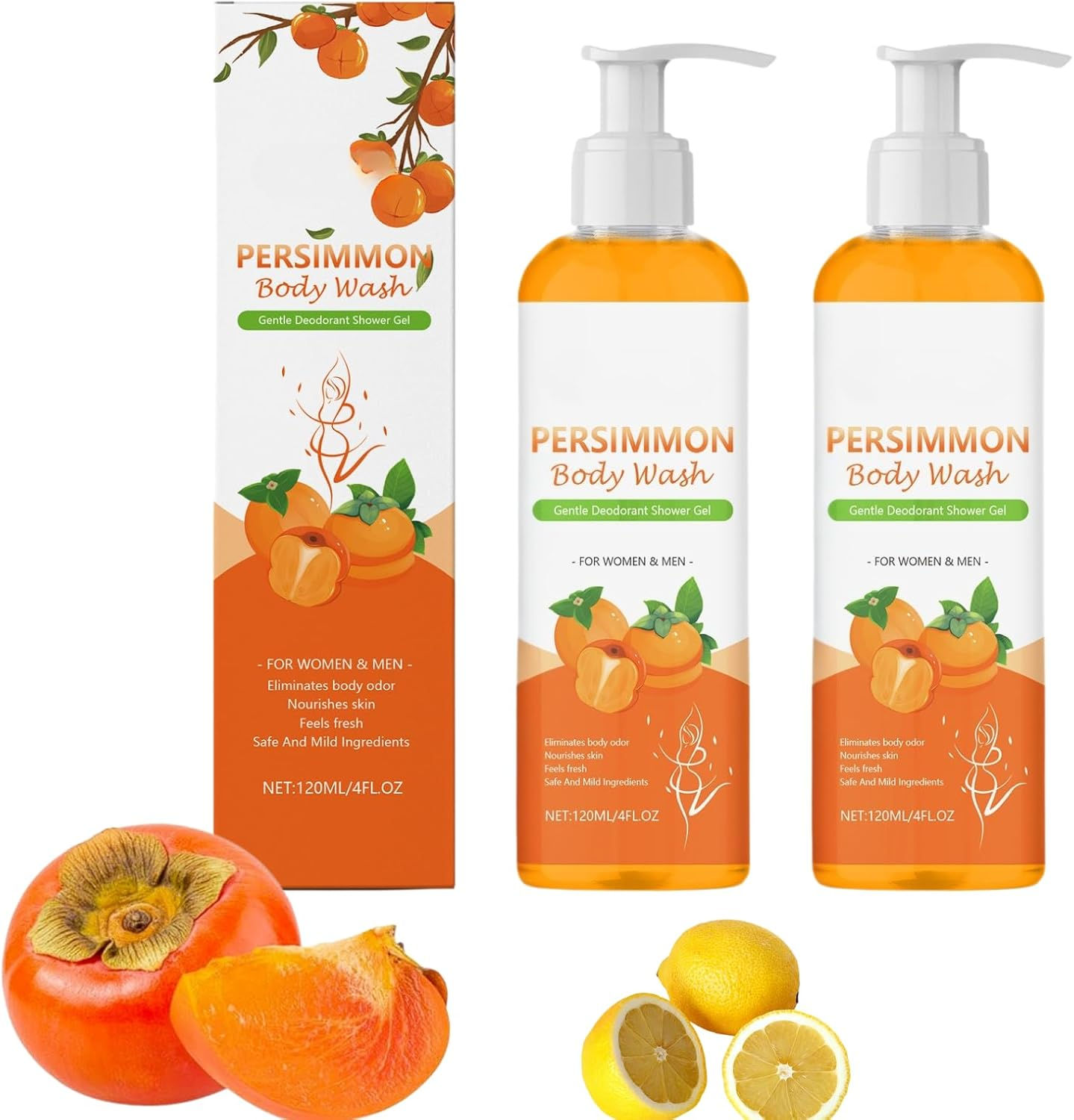 Natural Persimmon Body Wash with Green Tea Extract &ndash; Deodorizing Shower Gel for Body Odor Control, Deep Cleansing & Moisturizing Formula for All Skin Types (4Pcs)