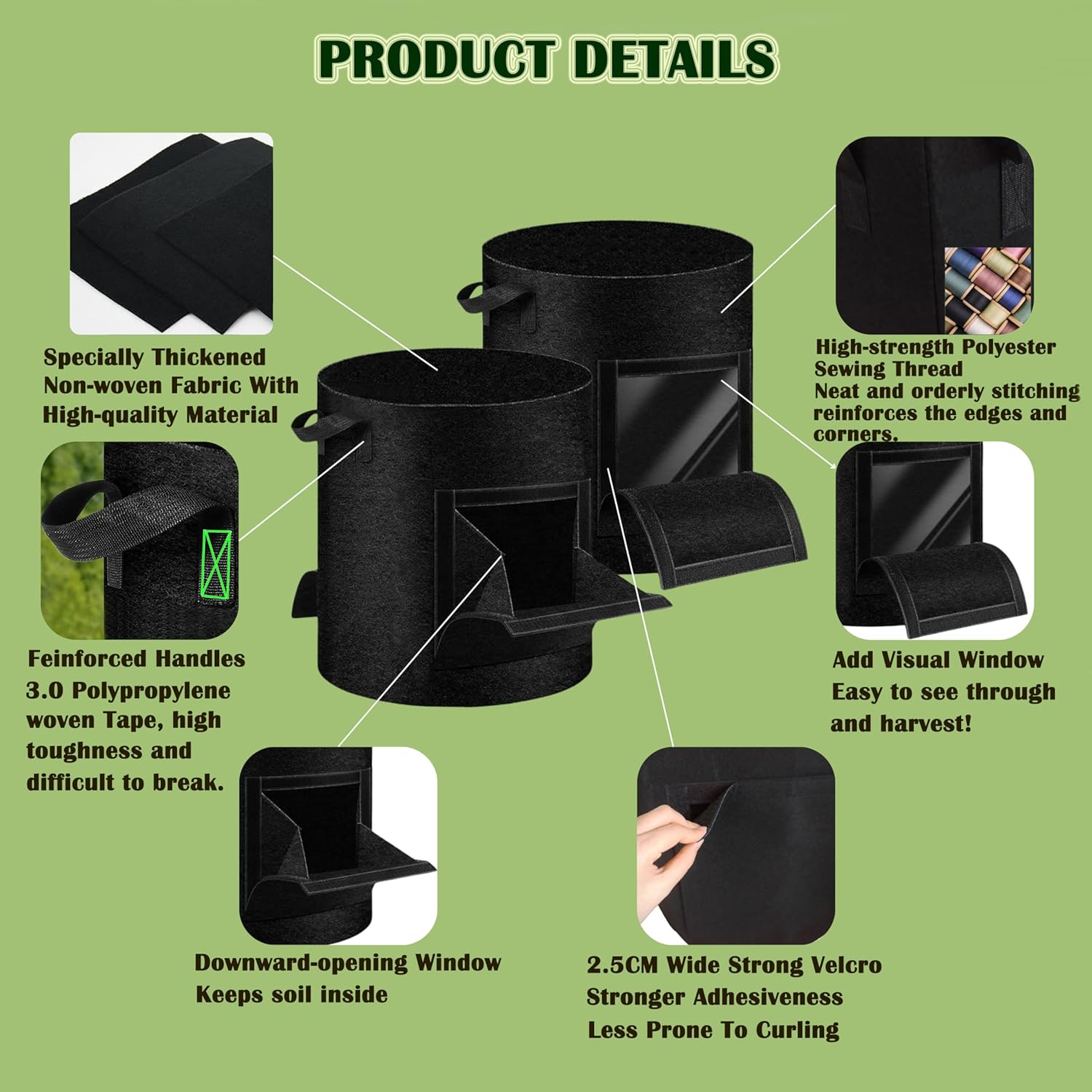 2-Pack 15 Gallon Potato Grow Bags - Plant Growing Bags with Handles & 2 Visible Flap for Potatoes, Carrots, Tomatoes and Other Vegetables image number 2