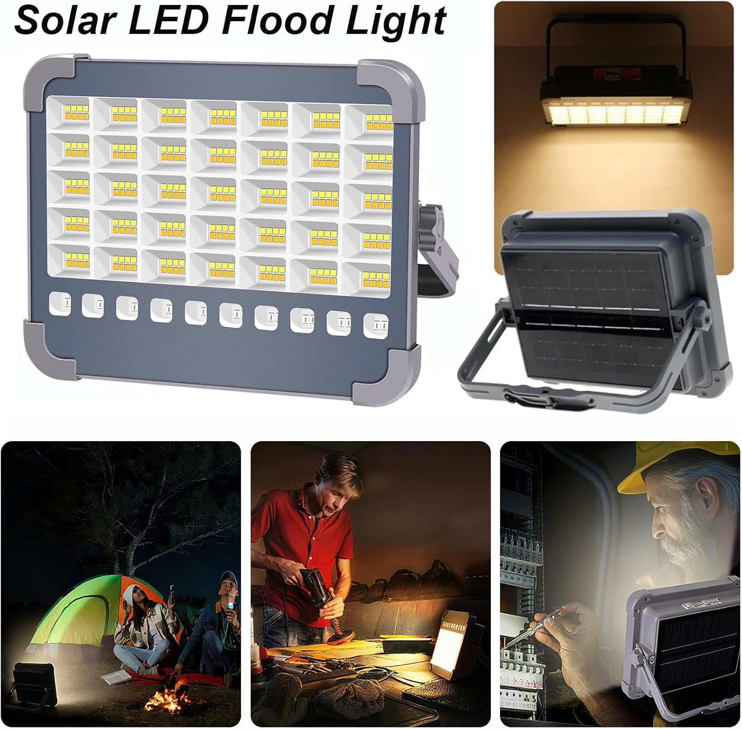 LED Solar Work Light 100W Portable Worklights with 5Modes Rechargeable Flood Light Waterproof Outdoor Working Lamp for Camping Garage Car Repairing Construction Site Lighting