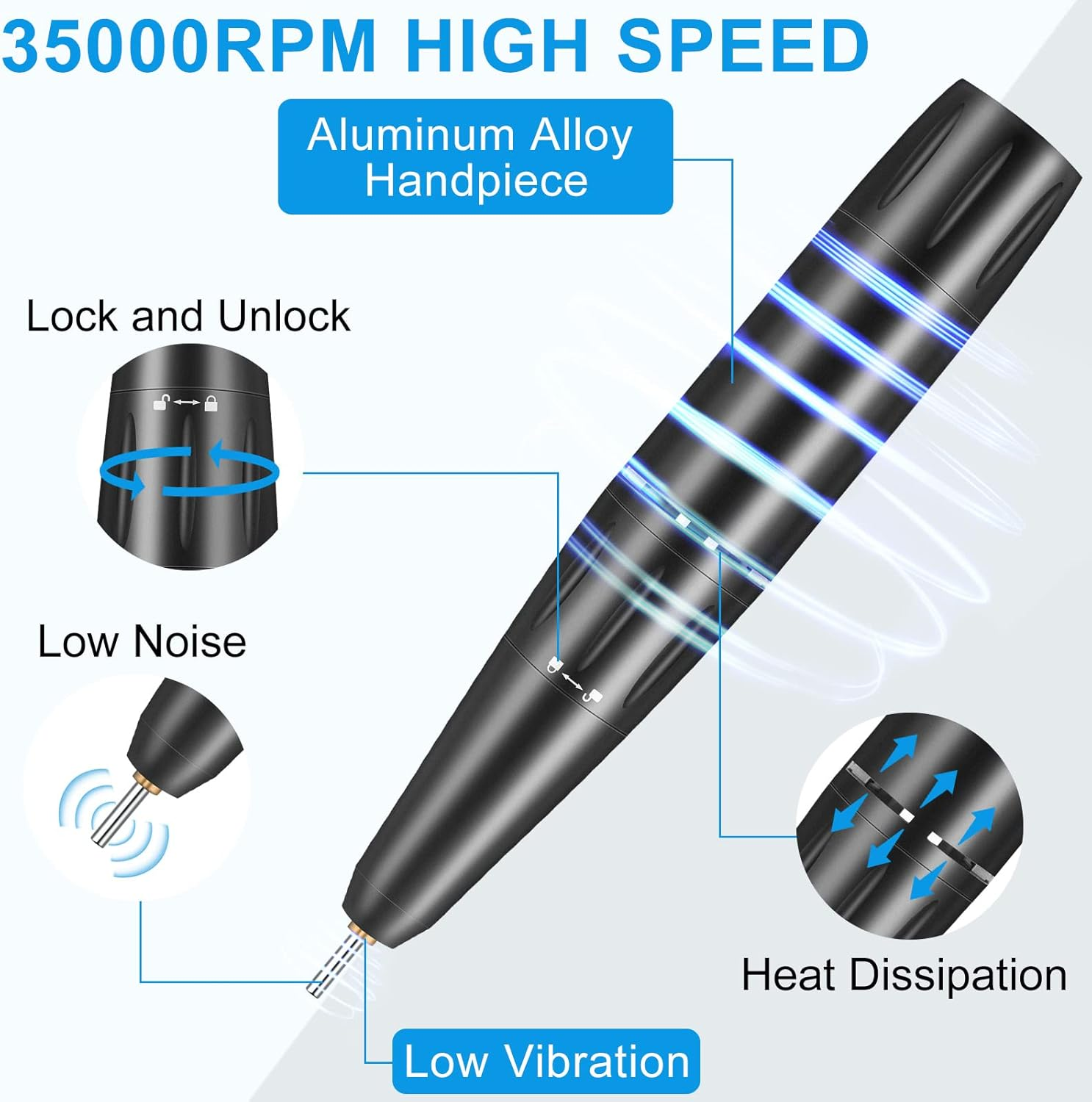 Electric Nail Drill, 35000RPM Professional Nail Drill Machine, Portable Rechargeable File Machine Set for Acrylic Gel Nails, Manicure Pedicure Tools for Home and Salon Use(Black) image number 2