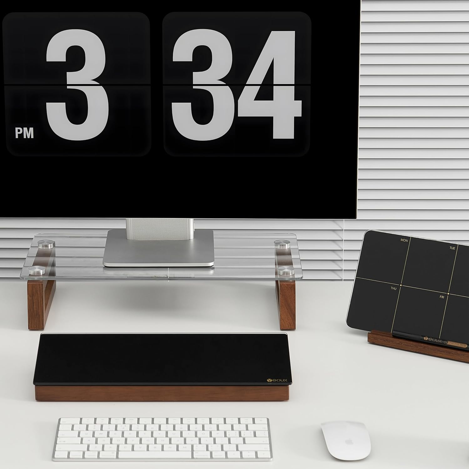 YEOUX Multi-Purpose Desktop Stand, Clear Floating Computer Monitor Riser with Natural Wood Base, Desk Organization Shelf for Printer, Laptop, Audio Device, Flat Screen (Dark Wood&Clear Glass) image number 1