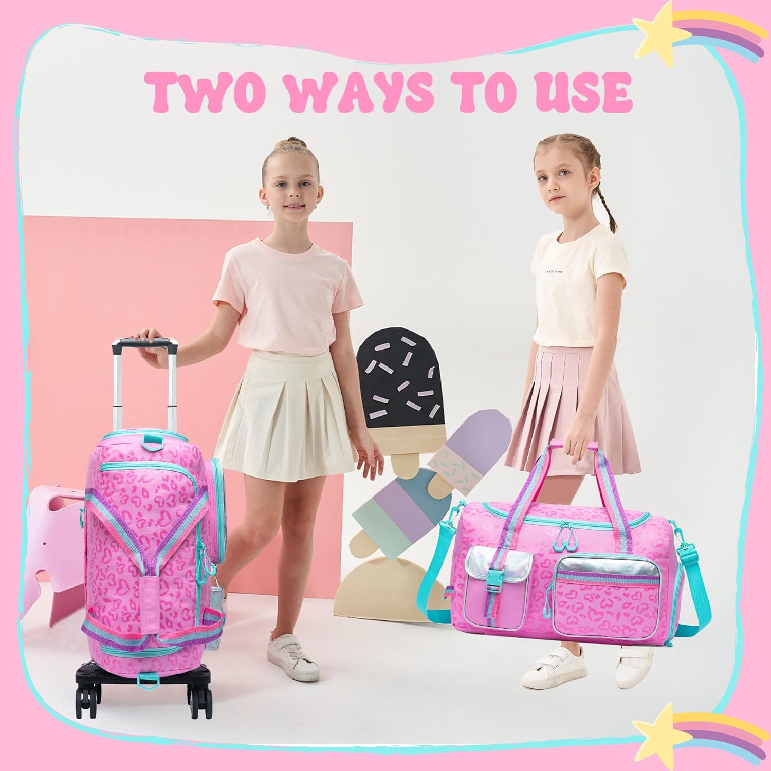 Kids Rolling Duffle Bag with Wheels Women Girls Duffle Bag with Wheels and Handle with Makeup Bag Travel Toiletry Bag, Pink Love - Pink Love image number 5