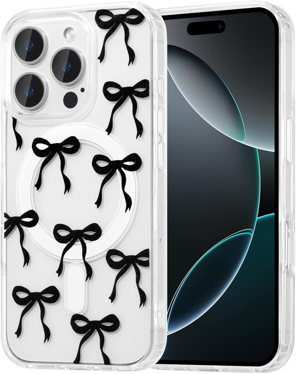 UEEBAI Magnetic for Iphone 14 Case & Iphone 13 Case, Bow Case Compatible with Magsafe, Wireless Slim Clear Ribbon Phone Case Anti-Yellowing Shockproof Protective Cover for Women Girl - Pink