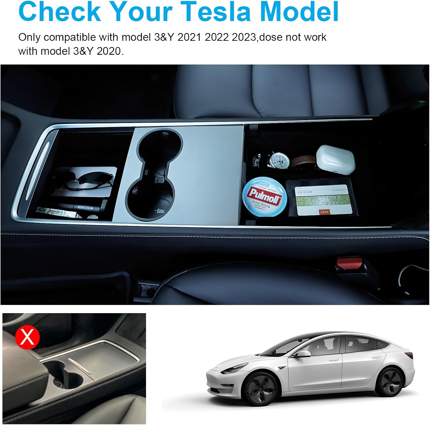 5PCS Center Console Organizer Tray for Tesla Model 3 Y Accessories 2023 with Silicone Cup Holder Insert, Rear Trunk Hook, Camera Cover for Tesla Model 3 Y 2021 2022, Upgrade Flocked Material image number 3