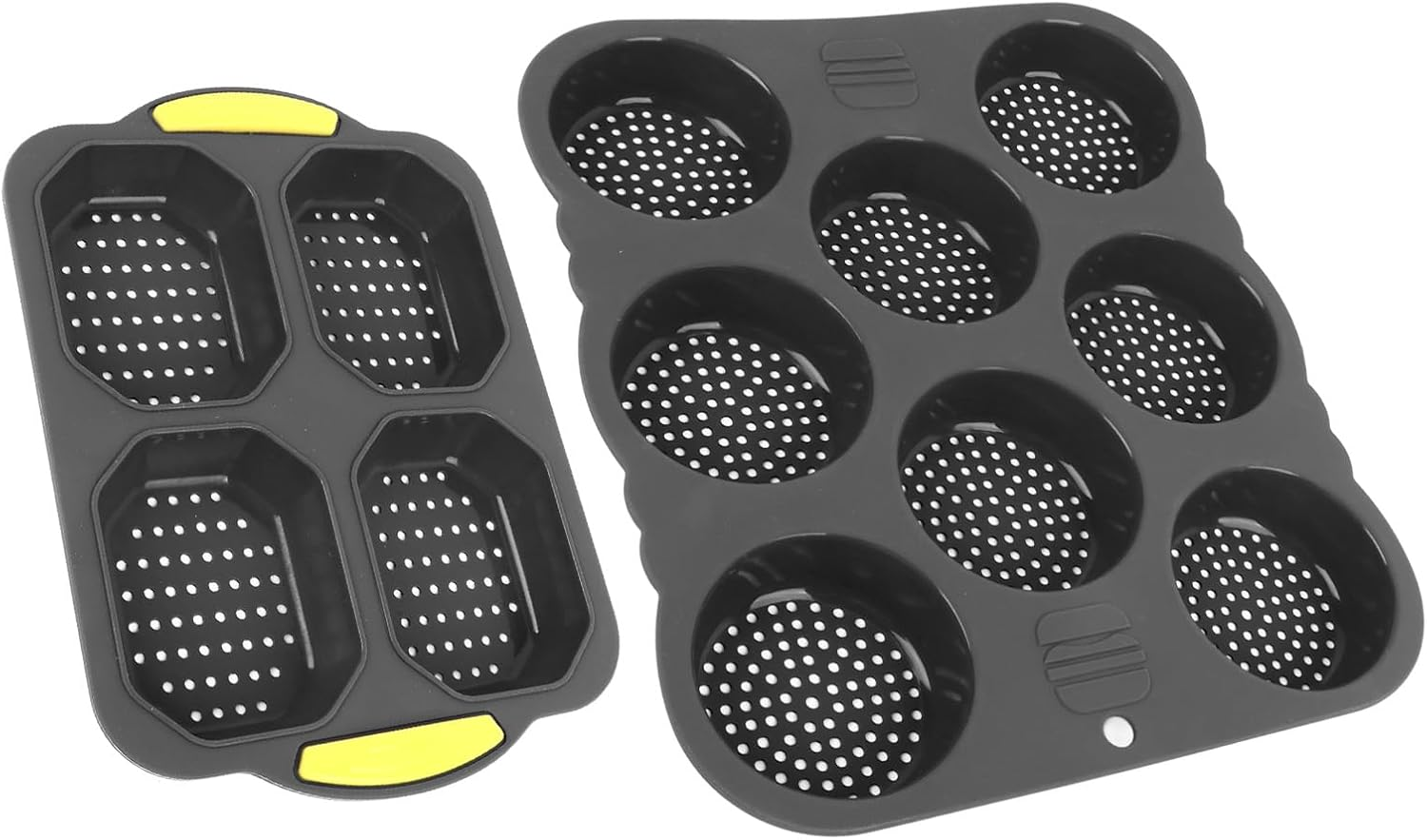 8 Cavity Hamburger Bread Pan and 4 Cavity Baguette Pan, Silicone Hamburger Buns, Non Stick Baking Pan, Perforated Design, Heat Circulation, Easy Release, Black