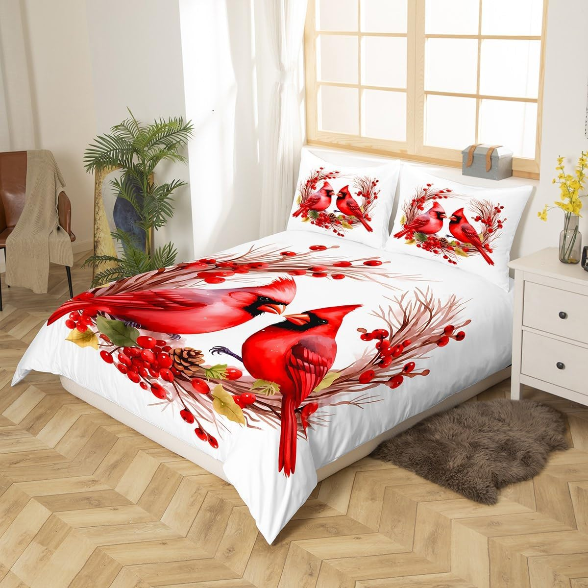 Jejeloiu Red Cardinals Bedding Set Full Size Kids Pine Cones Comforter Cover Set for Boys Girls Teens Cute Birds Duvet Cover Romantic Love Bedspread Cover Room Decorations Quilt Cover image number 4