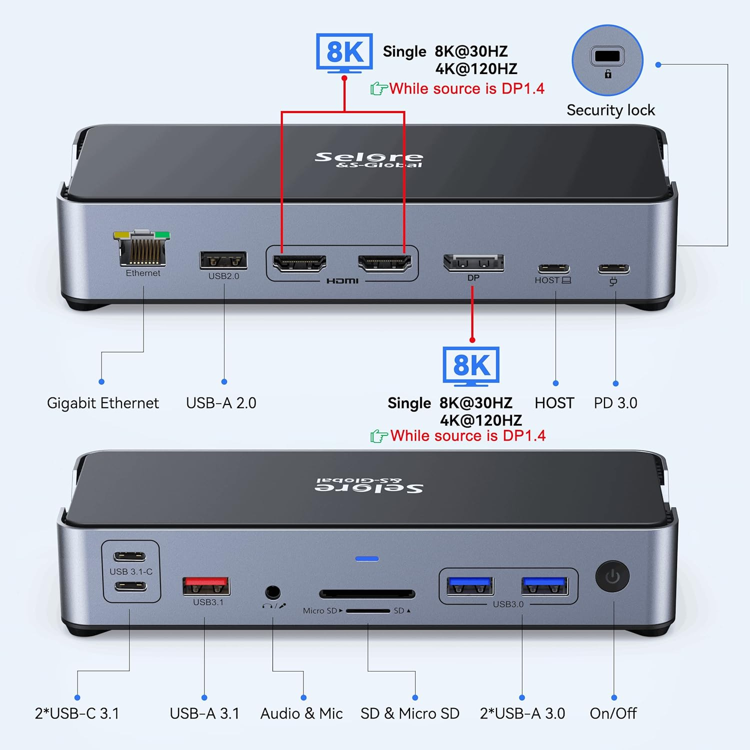 USB C Docking Station USB C Dock Single 8K Triple 4K Display Laptop Docking Station Triple Monitor 15 in 1 to 2 HDMI Displayport Charging Ethernet USB 3.1 Type-C Port for Dell/Hp/Lenovo/Surface