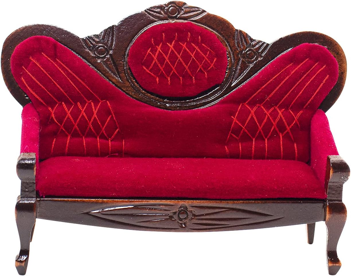 Hiawbon 1:12 Miniature Mini House Furniture Vintage Red Wooden Carved Sofa for Miniature House Accessories Furniture Decoration Birthday image number 4