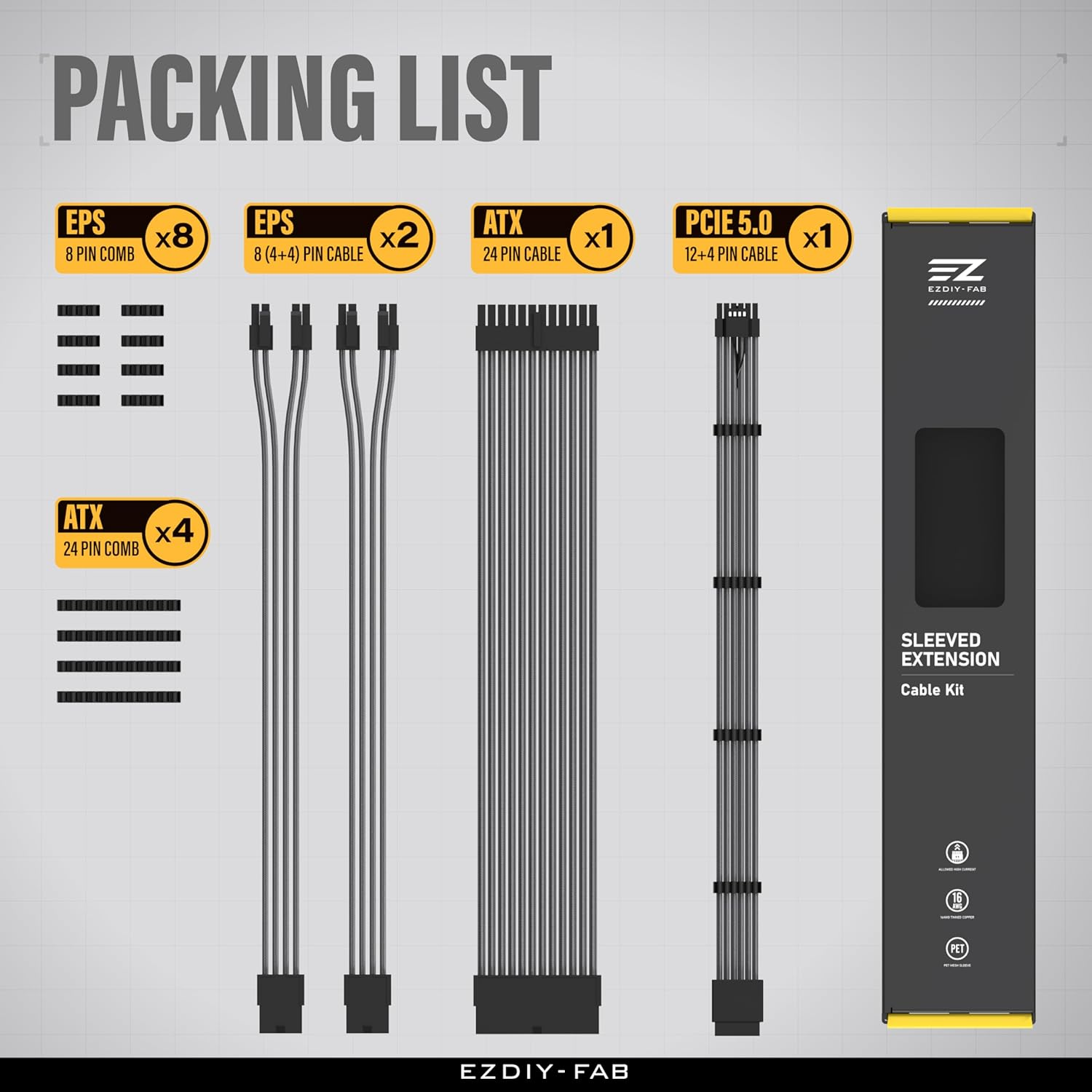 EZDIY-FAB 12VHPWR PSU Cable Extension Kit,16Awg PCIE 5.0 Power Supply Cable Extension- 1X 24 Pin ATX /2X 8Pin (4+4) EPS / 1X12+4 Pin GPU 300MM with Combs-Carbon image number 1