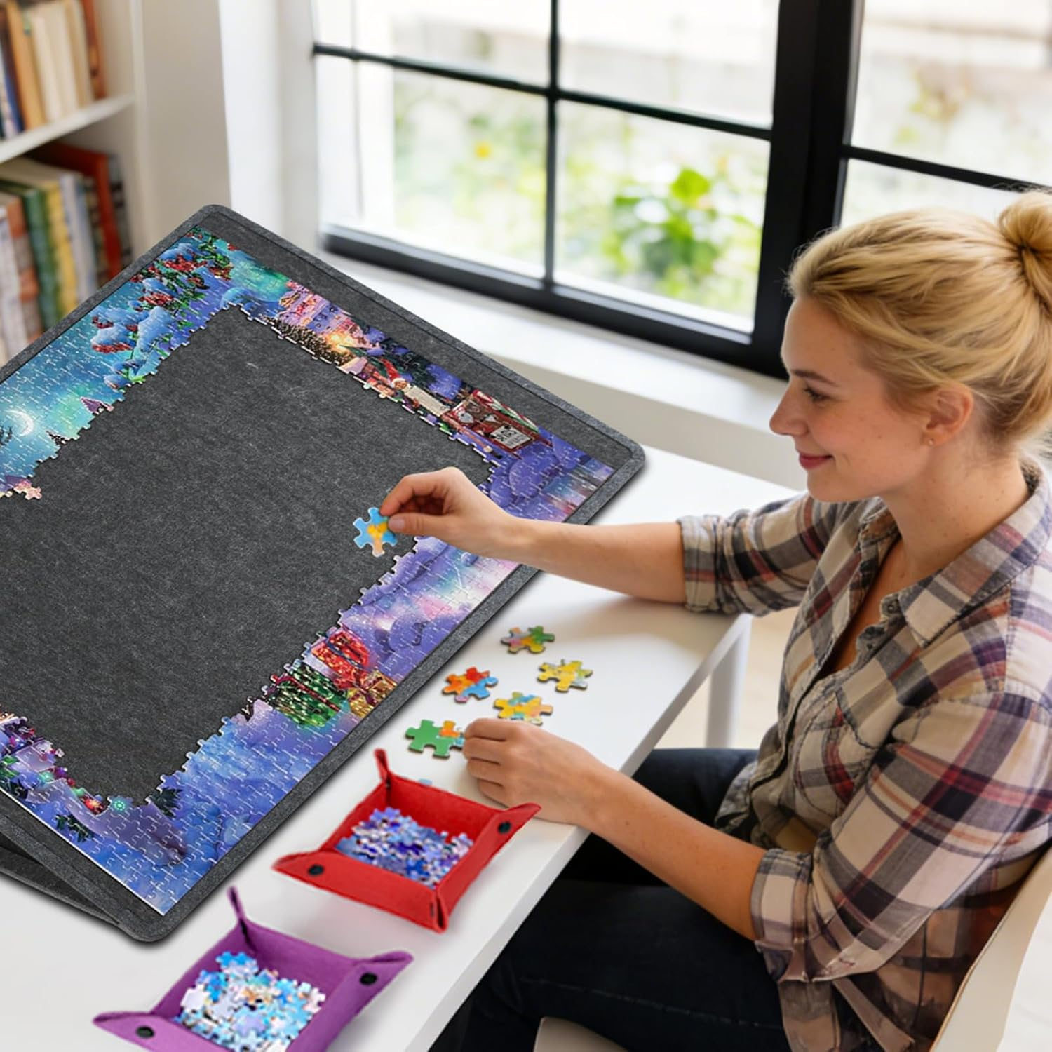 1500 Piece Foldables & Tilting Puzzle Board with 6 Colored Sorting Trays,Lightweight & Portable Puzzls Table with Built-In Stands for Angle Adjustments (1500 Pcs-Dark Gray-2)