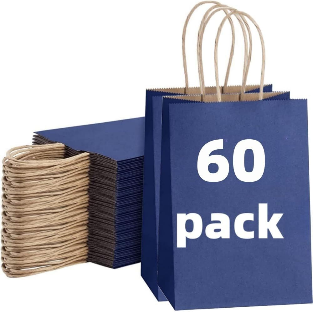 HIDOSNG 60 Pcs Paper Bags with Handles,15 * 8 * 21Cm Kraft Paper Bag for Wedding Party Favor,Shopping Lunch, Halloween Trick-Or-Treat(Dark Blue) image number 4