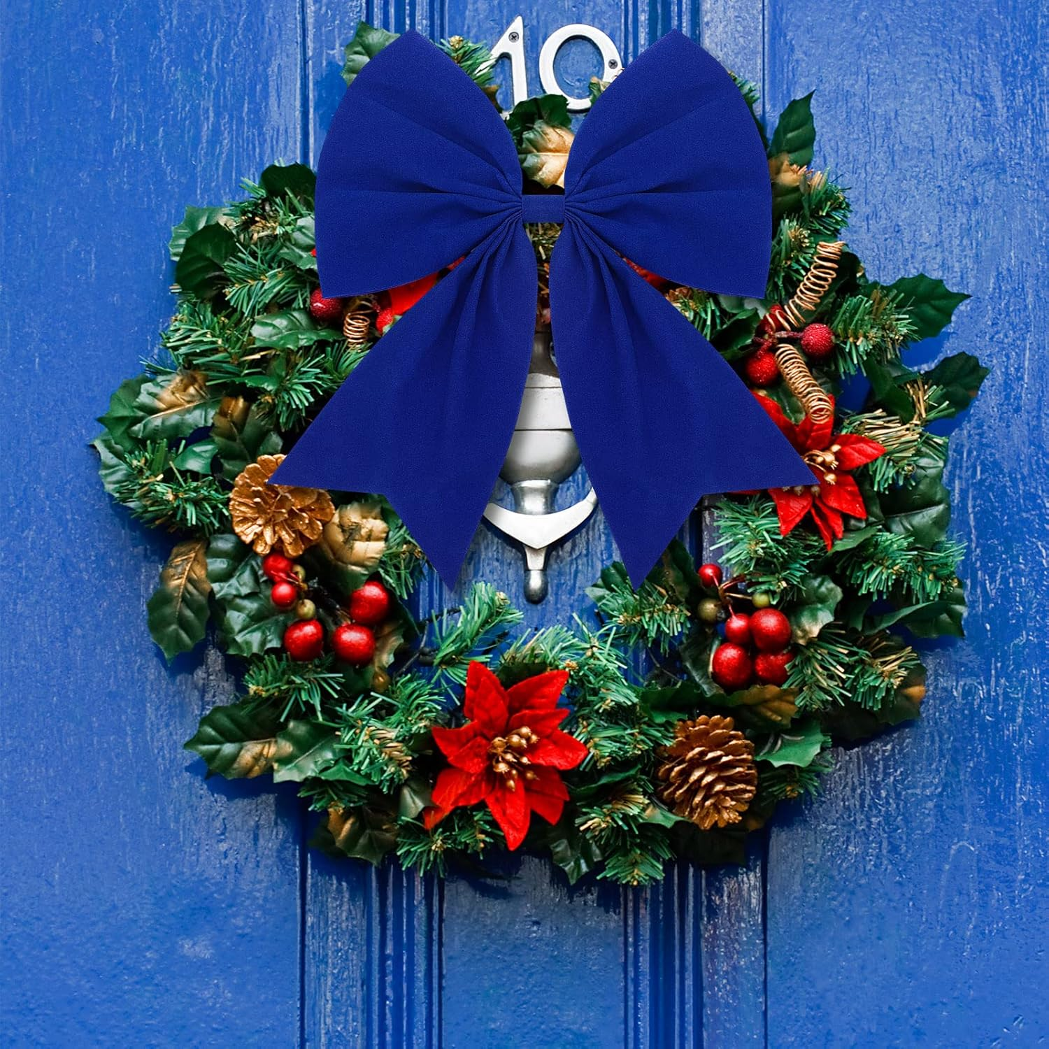 Giegxin 4 Pcs Large Christmas Wreaths Bows 9 X 10.6 Inch Christmas Tree Velvet Ornaments Bows Xmas Tree Topper for Xmas Holiday Home Outdoor Party Decoration(Blue) - Beige image number 6