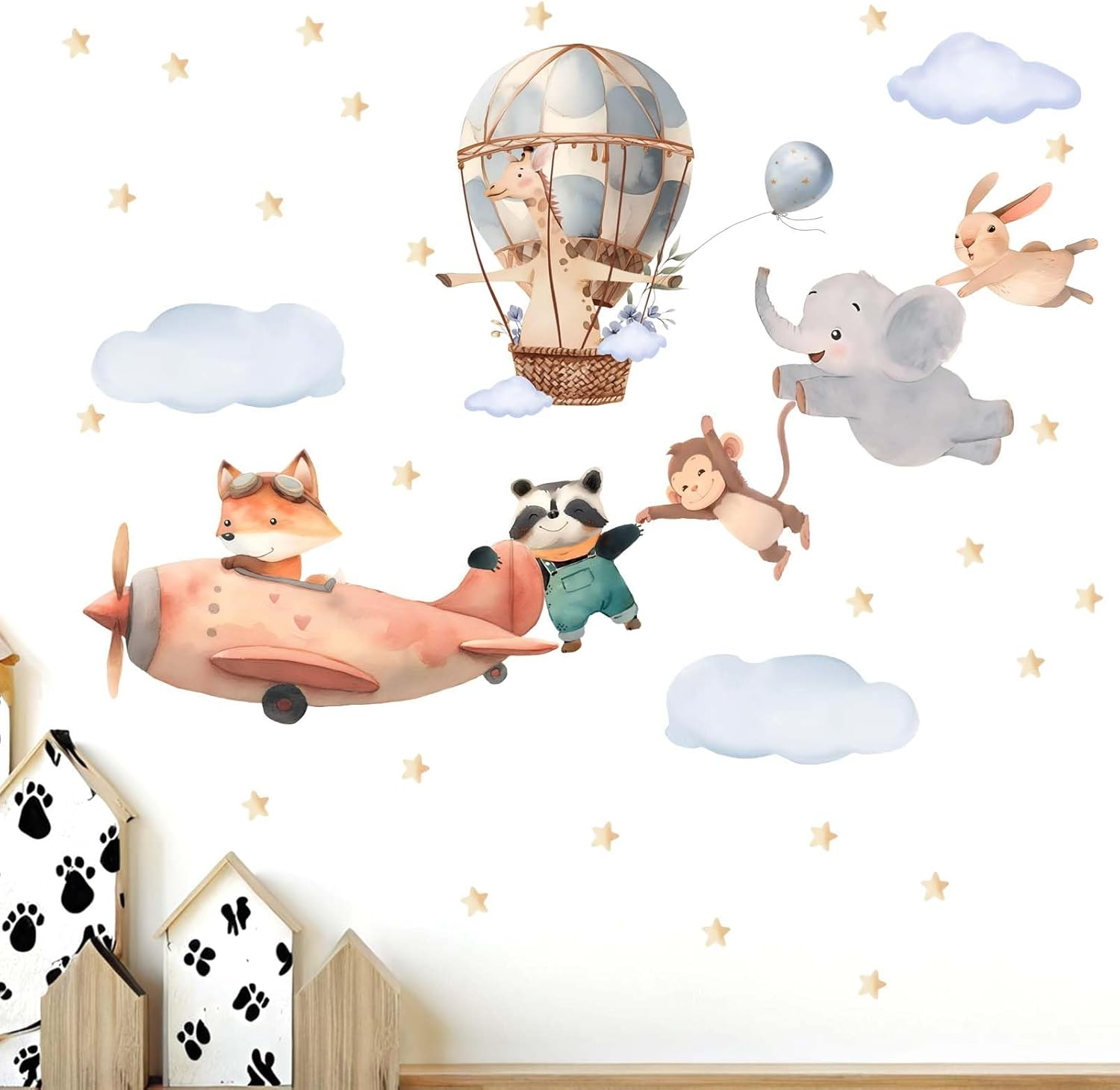Animals Airplane Wall Stickers for Nursery: Baby Kids Bedroom Wall Decals - Aircrafts Hot Air Balloon Elephant Fox Giraffe Monkey image number 2