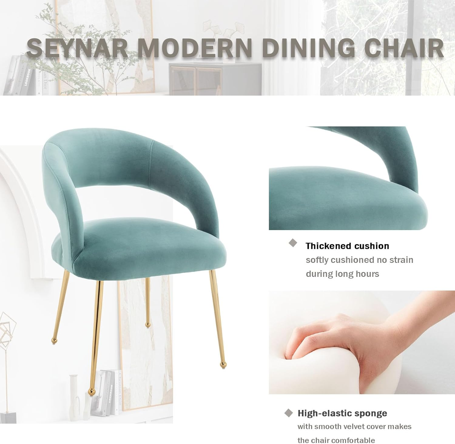 SEYNAR Dining Modern Chairs, Velvet Upholstered Accent Chairs with Gold Legs,Tufted Dining Room Chair Set of 2 for Living Room Reception Room Bedroom Study Room(Green) - Beige image number 7