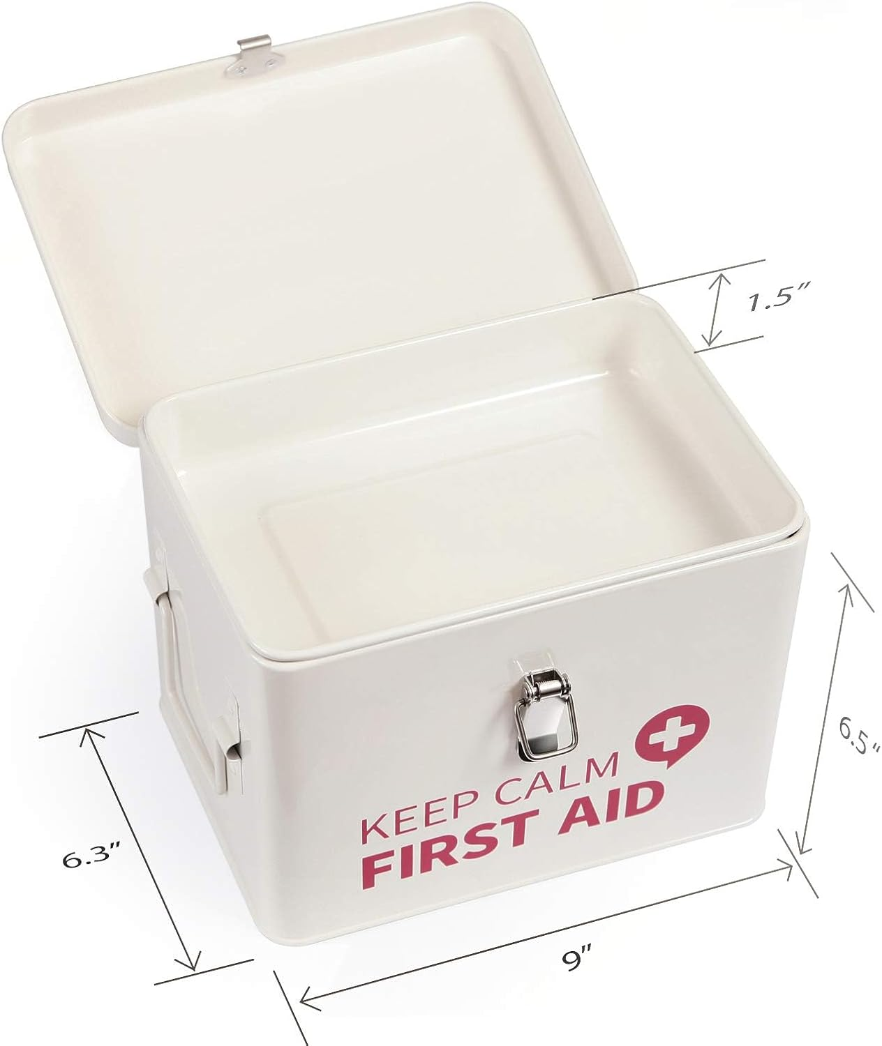 Keep Calm First Aid Medicine Organizer Storage Metal Box with Lid, Latch Closure, Removable Tray and Side Handles, Vintage Empty Box for Home, 9" X 6.3" X 6.5", Milky White