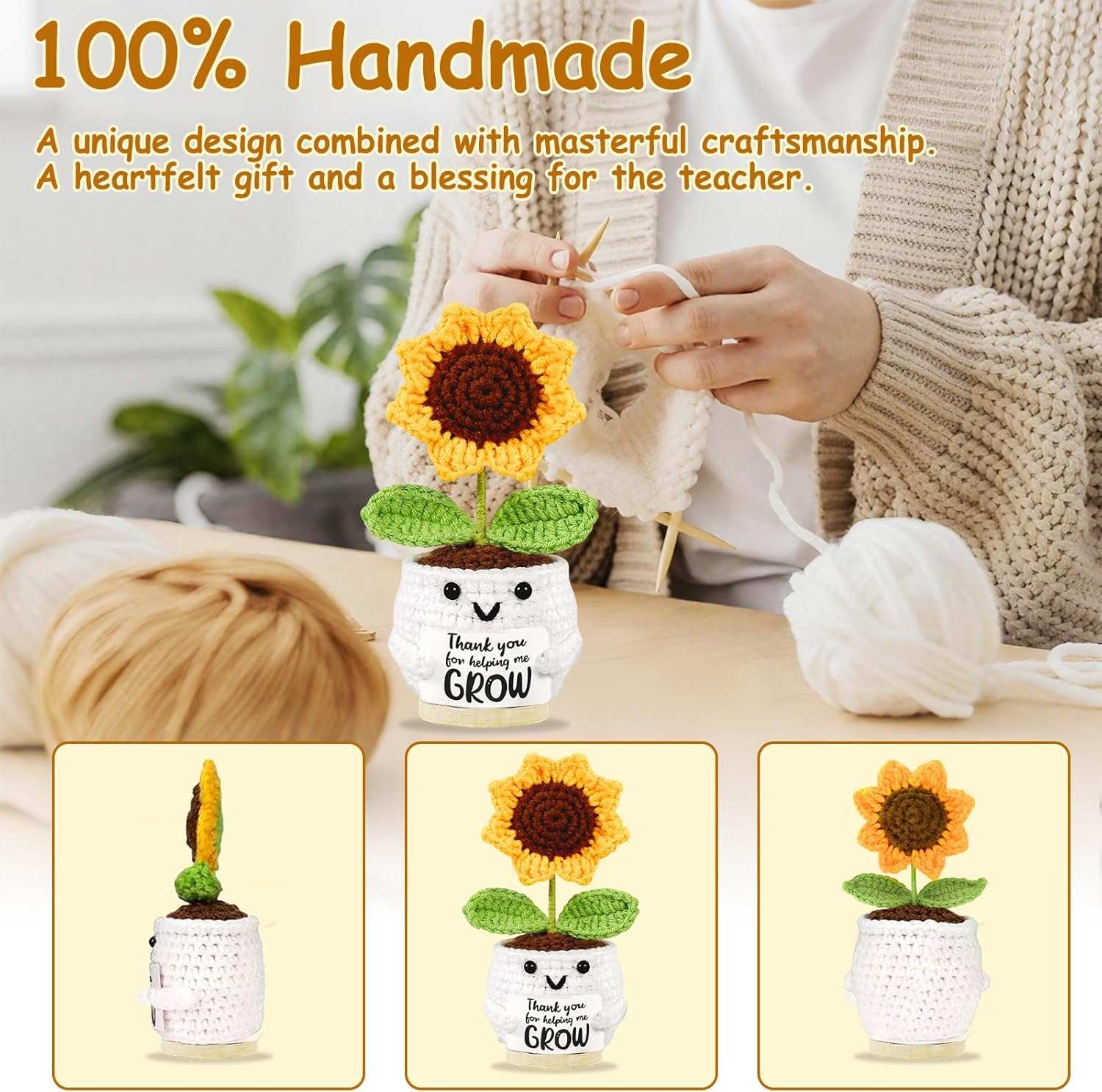 Teacher Gift Personalised Thank You Gifts for Women Emotional Support Crochet Sunflower Best Nursery Teachers Educators Day Gift Funny Christmas Appreciation Leaving Gifts for Teacher End of the Year image number 1