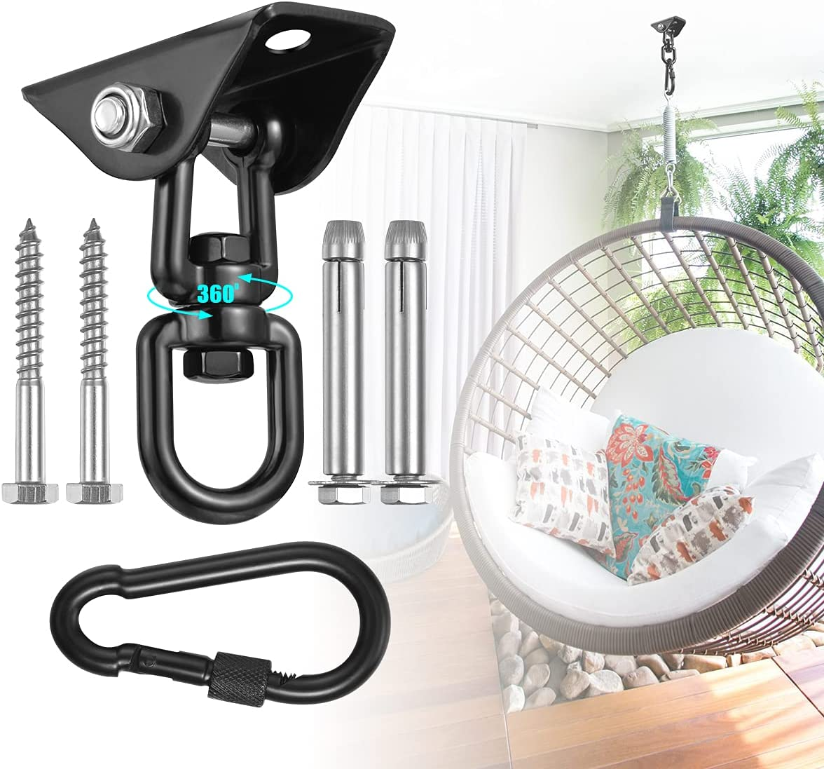 Hammock Hanging Kit,360&deg;Rotating 1200 Lb Capacity Heavy Duty,Hanger & Swing Hook Snap for Concrete Wood,Hammock,Veranda Seat,Chair,Swing Sets,Yoga and Gym（Without Chain ）