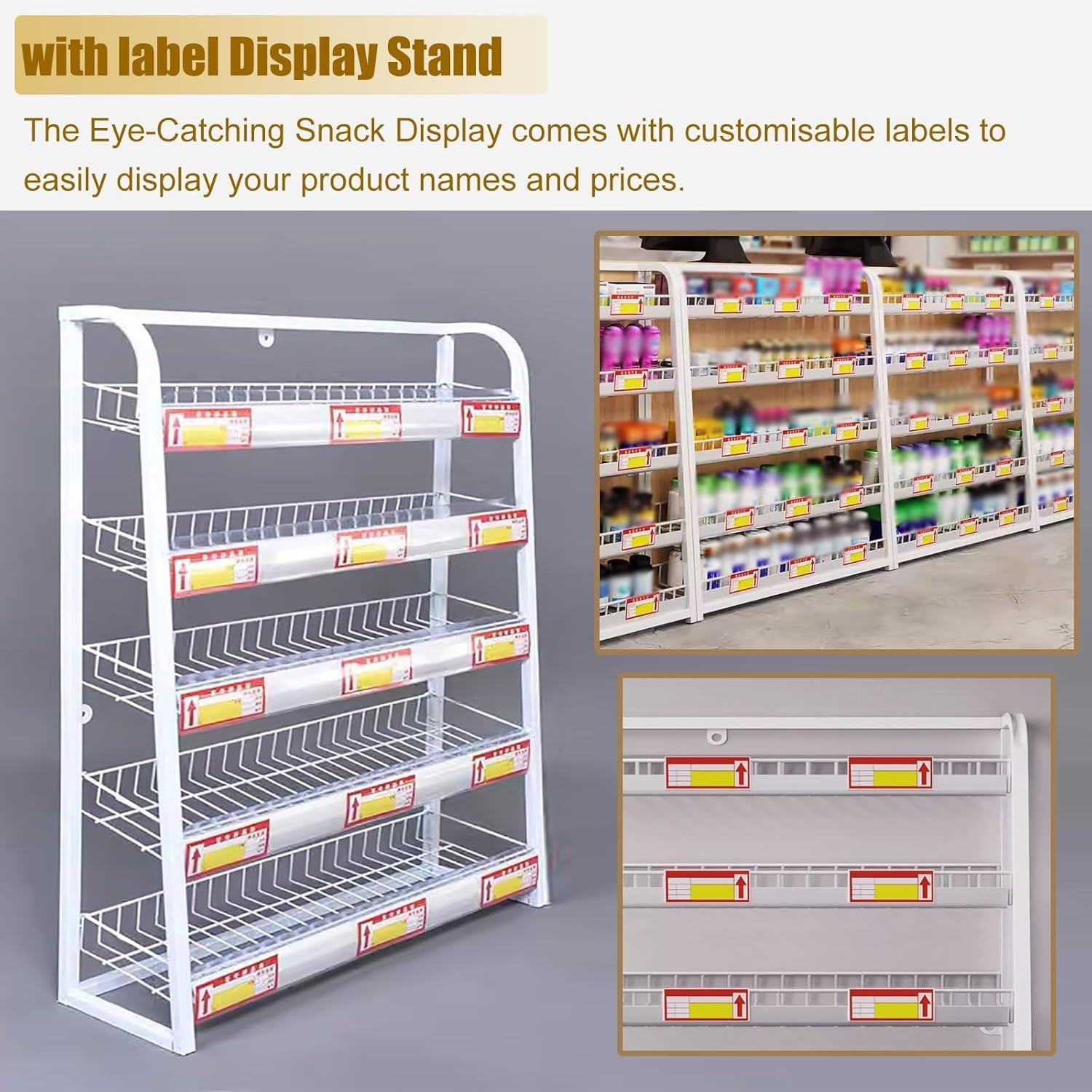 Snack Storage Rack Storage Baskets， Supermarket Shelf Label Holder Standing(Black,W60Cm(24In))