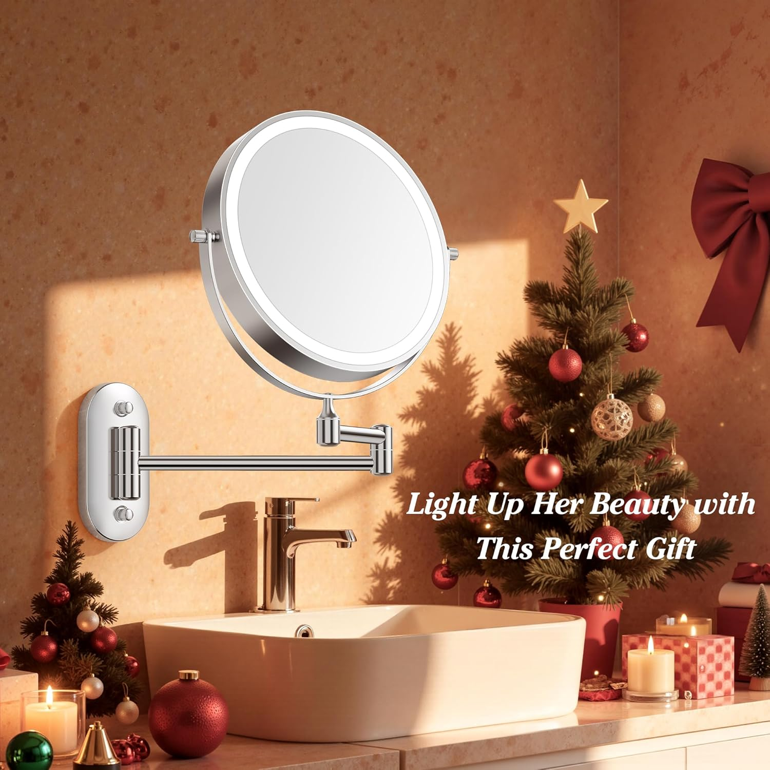 Auxmir 8'' Wall Mounted Lighted Makeup Mirror, 3200Mah Rechargeable Double-Sided 1X/20X Magnifying Mirror with Light, Touch Dimmable 3 Color Light, 360&deg; Rotation Foldable Extended Arm, Chrome image number 4