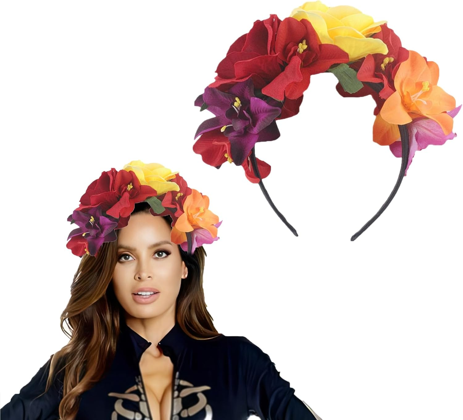 Lopsity Mexican Flower Crown Headband Hawaiian Frida Floral Rose Flower Crown Fake Flower Crowns Headbands for Women Party Costume (C)