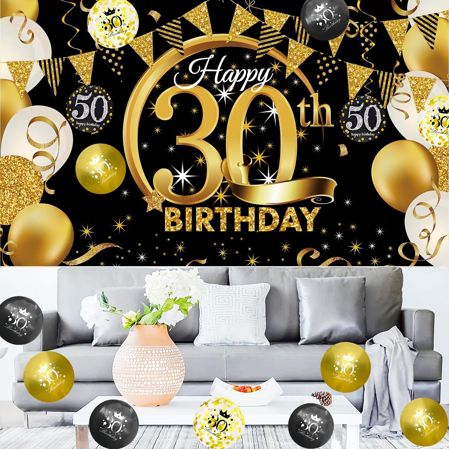 Happy Birthday Party Decorations Kit - Black Gold Glittery Backdrop Banner, Balloon, Hanging Swirls for Men Women (30Th) image number 2