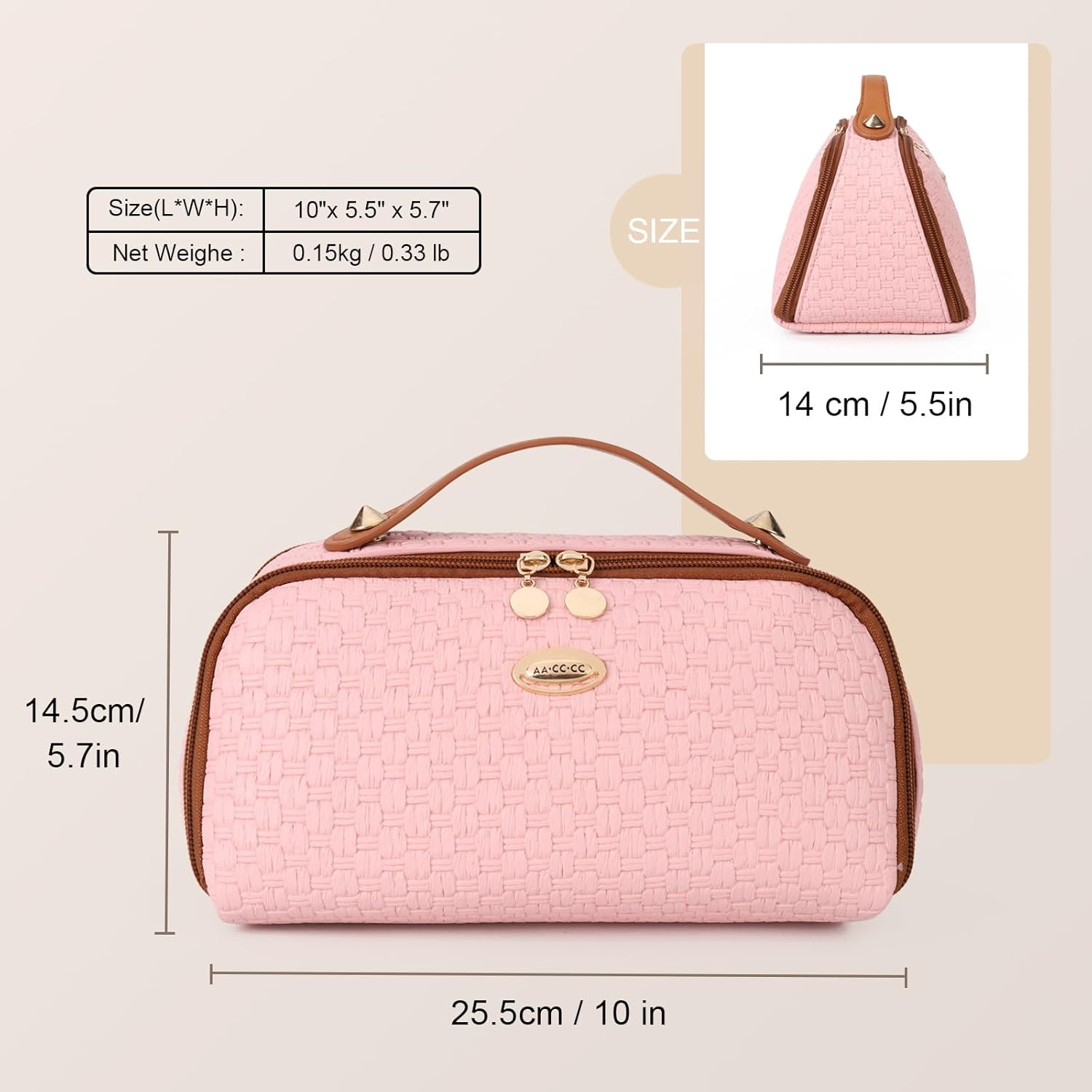 DDPOND Makeup Bag Organizer Cosmetic Bags for Women with Handle Toiletry Bag PU Leather Dark Brown - Pink image number 5