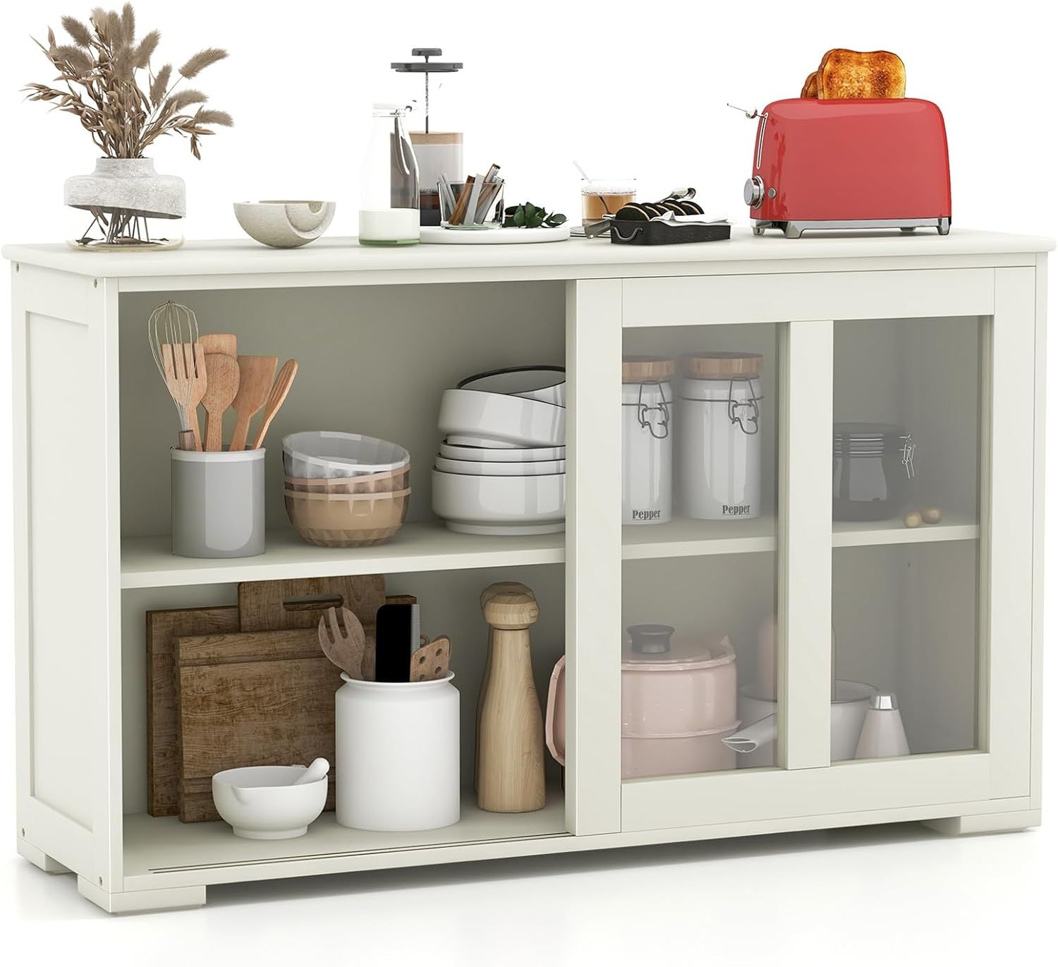 Giantex Kitchen Storage Sideboard, Buffet Storage Cabinet W/Adjustable Shelf, Dining Buffet Server Cabinet Cupboard with Glass Sliding Door Panels, Wooden Console Table for Home Kitchen (Beige)