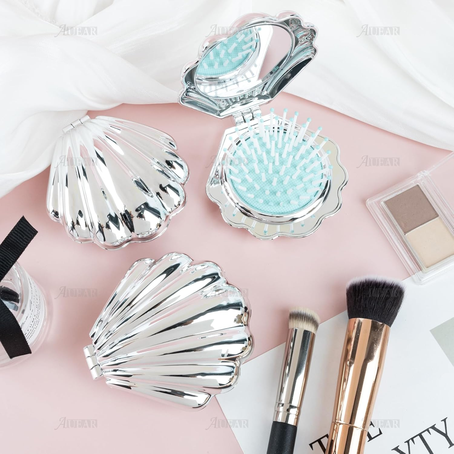 AUEAR, 4 Pack Shell Shape Hair Brushes with Mirror Foldable Portable Pocket Comb Massage Women Silver image number 6