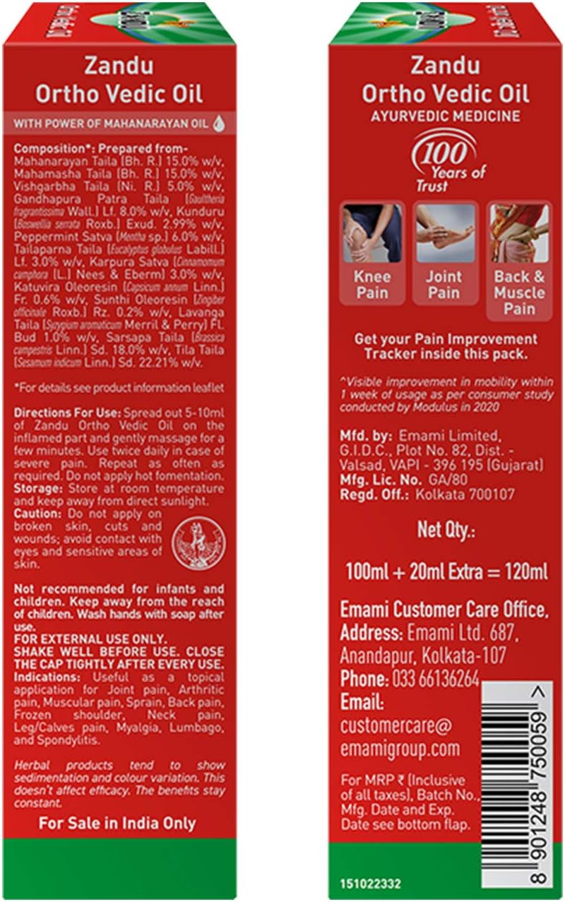 Zandu Ortho Vedic Oil | Ayurvedic Oil for Joint Pain, Muscle Pain, Osteoarthritis | Visible Improvement in 7 Days, 100Ml+20Ml Extra