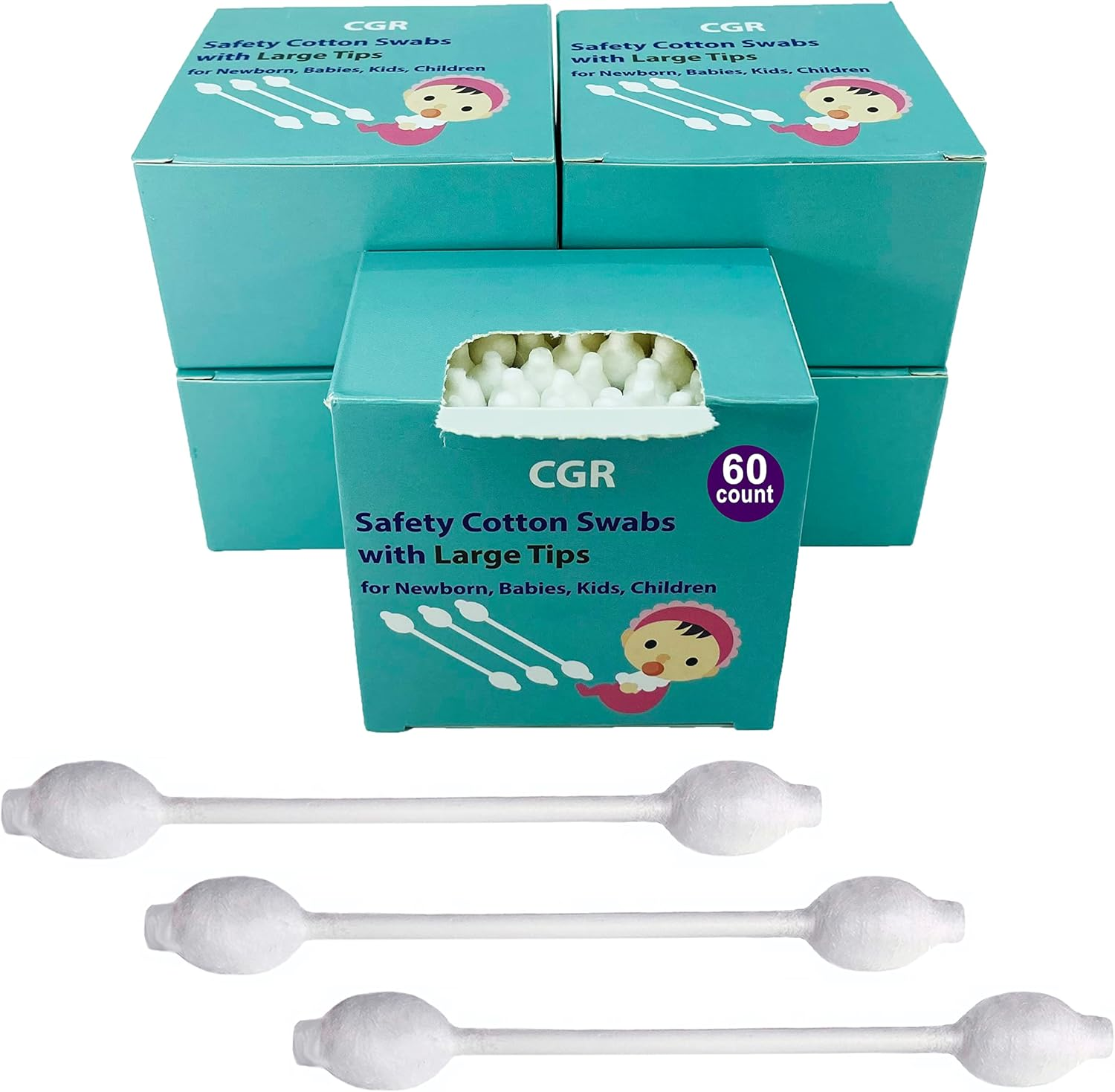 300Pcs CGR Baby Safety Cotton Swabs with Large Tips for Newborn, Babies, Kids, Children, 100% Organic Cotton, White Paper Sticks, 5 Pack of 60 Swabs Total(5 Paper Boxes) image number 5