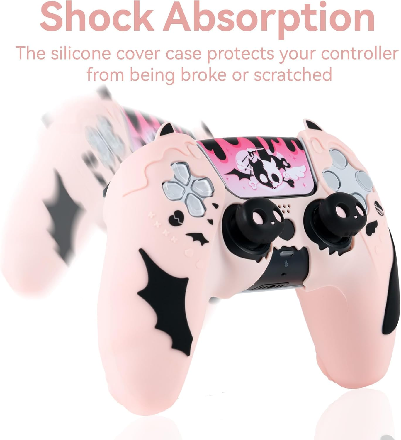 Geekshare PS5 Controller Skin Set,Anti-Slip Silicone Protective Cover Skin Case for PS5 Wireless Controller with 2 Thumb Grip Caps and 1 Sticker - Sweetheart Skull (Pink) image number 5
