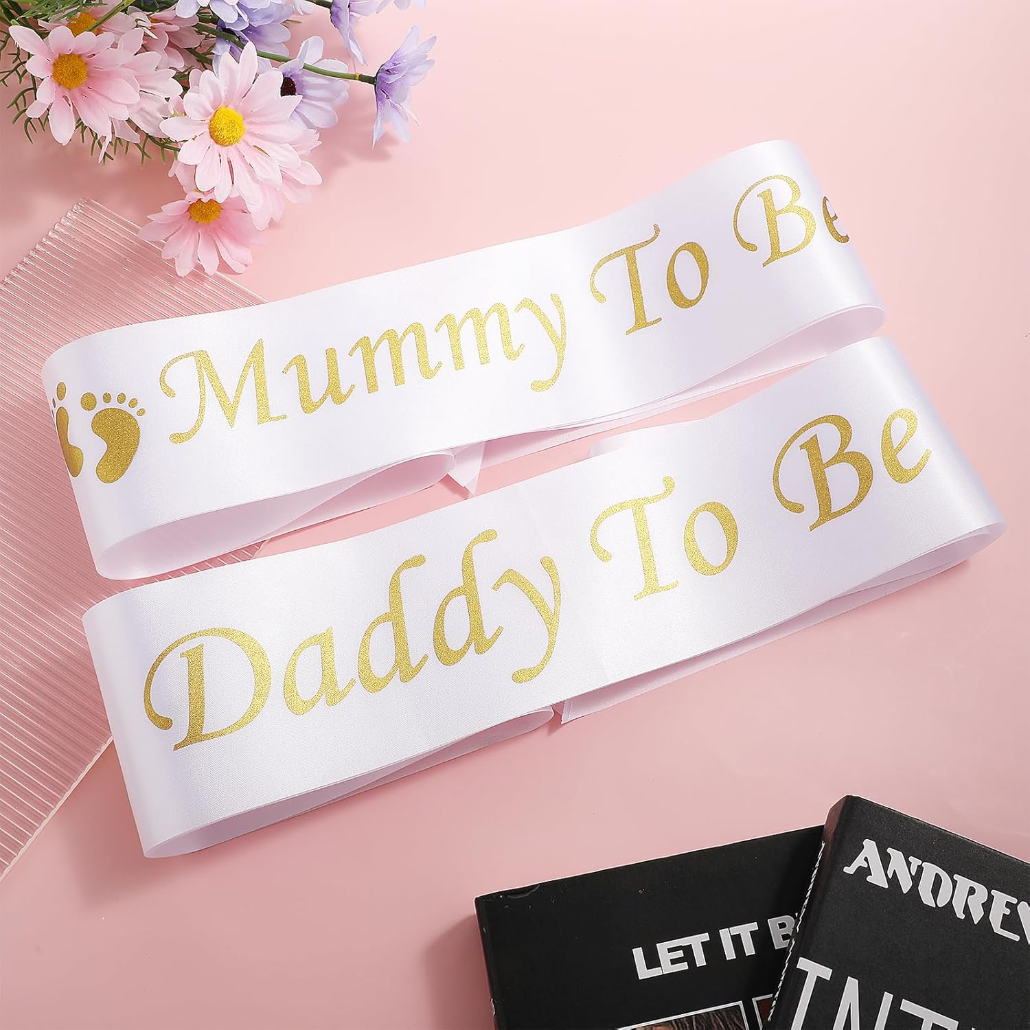 2Pcs Mummy to Be Sash Daddy to Be Sash Gold and White Mummy and Daddy to Be Sash Silky Baby Shower Sash Party Decoration for Mum Dad Family(79 X 9.5Cm) image number 5