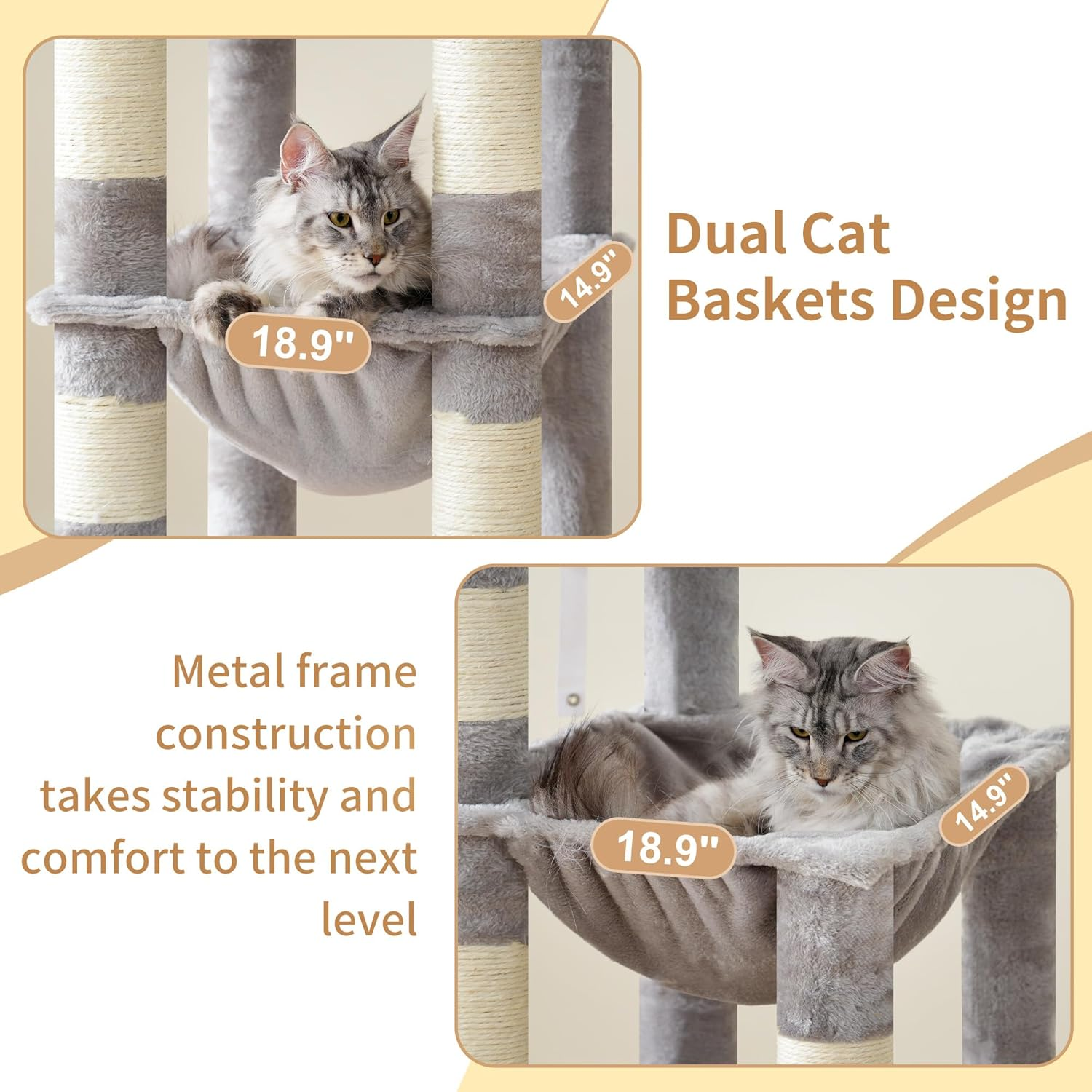Heybly Cat Tree, 180Cm Tall Cat Tower for Large Maine Coon Cats with Extra-Large Baseboard, Cat Condo Furniture with Multi-Level Platforms, 2 Hammocks and 12 Scratching Posts, Light Gray HCT037W image number 6