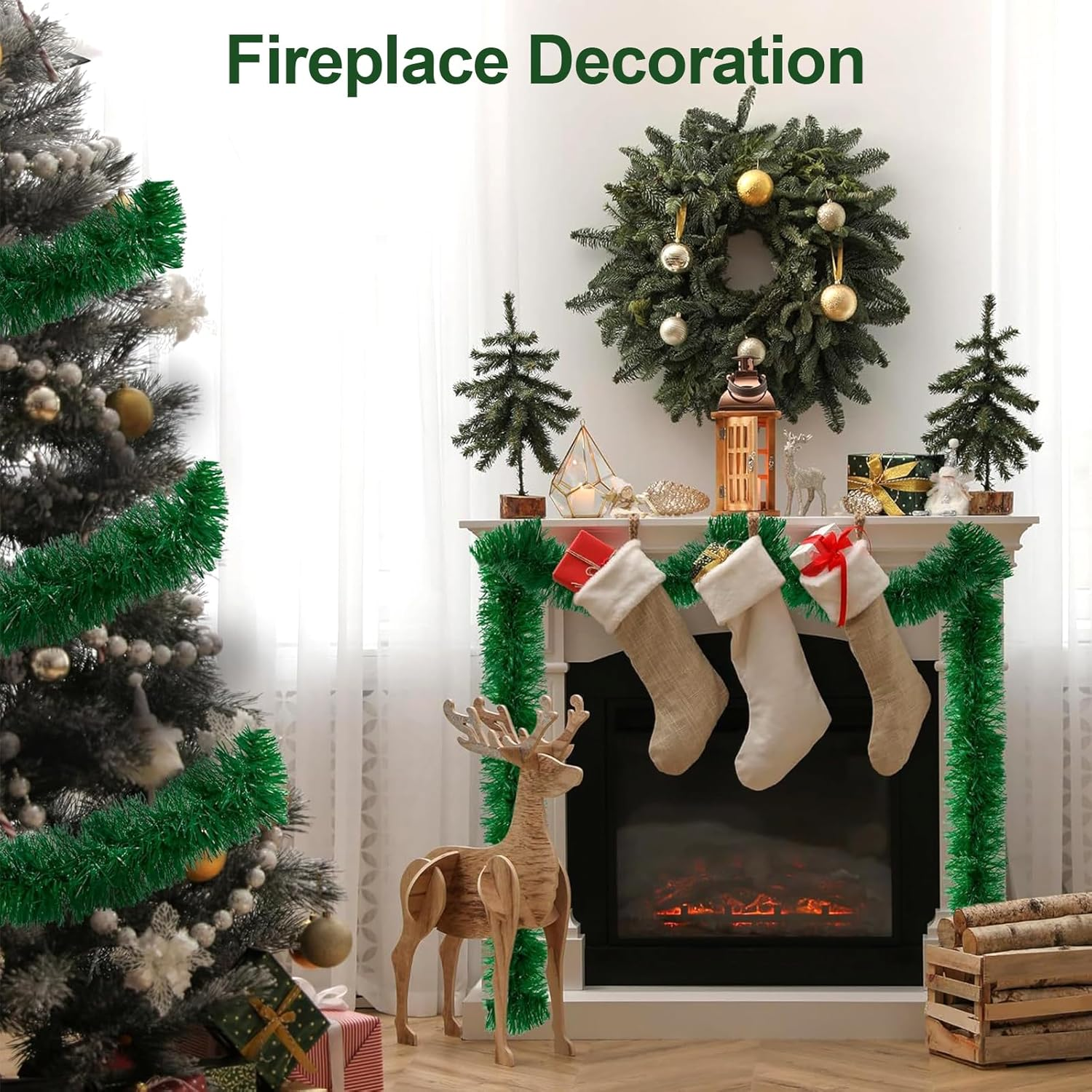 Christmas Garland Christmas Decorations, 50FT Green Christmas Tree Garland Decor DIY Artificial Garland Holiday Outdoor Decorations for Stairs Railing, Fireplace, Staircase, Window, Door image number 5