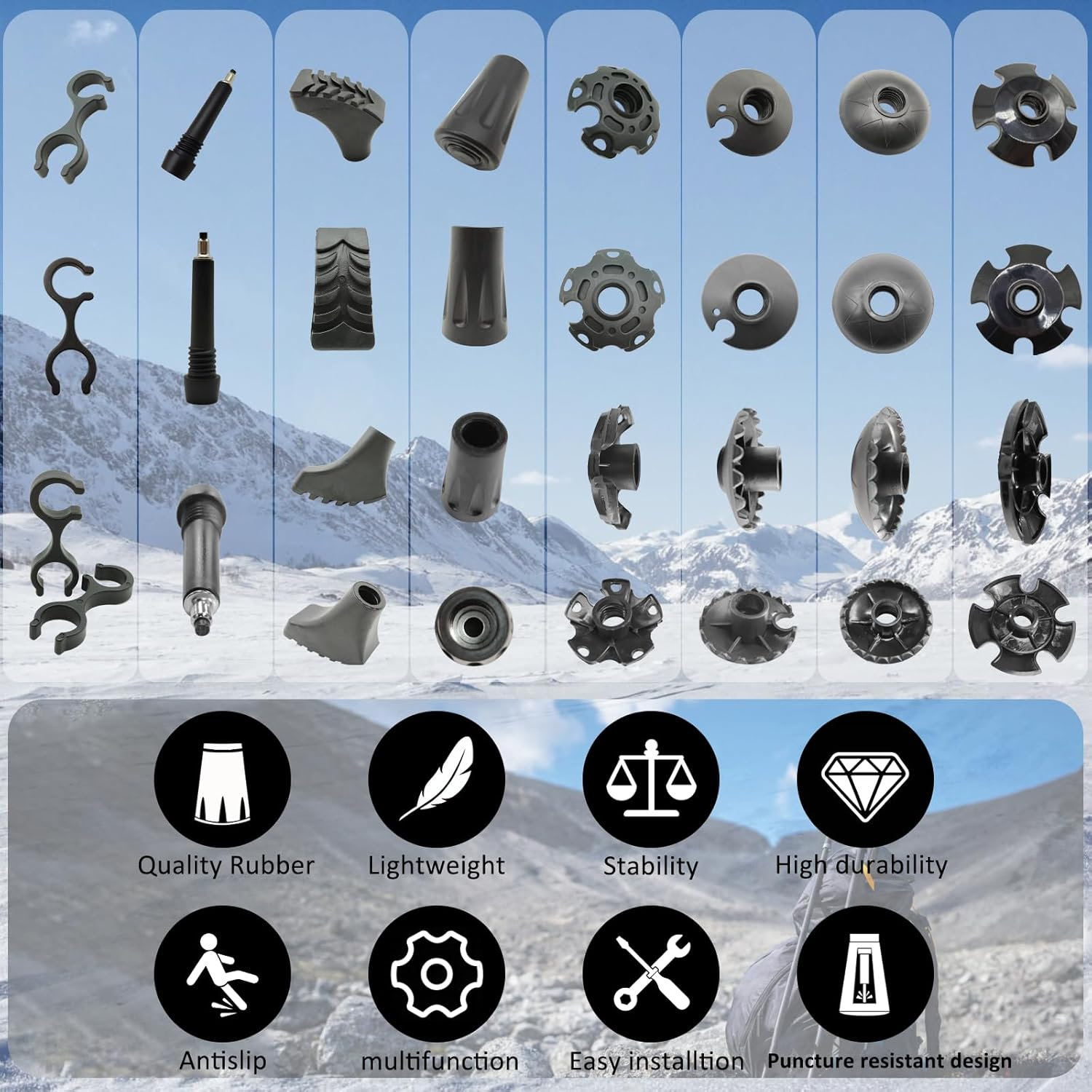 Hiking Pole Tips, Walking Stick Rubber Tips Trekking Poles 6Pcs Replacement Protectors Boot Tips Rubber Feet Fits Most Standard Hiking Sticks 11Mm Hole Diameter