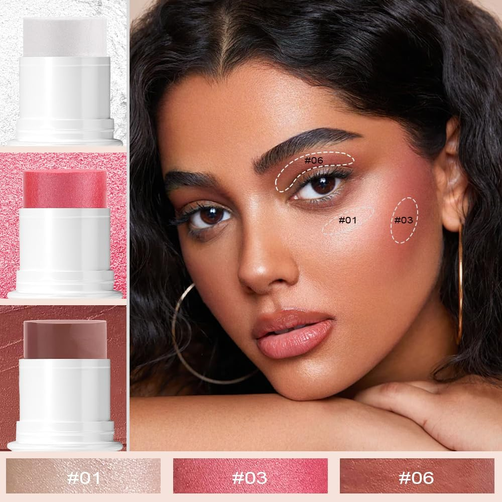 3 Colors Cream Blush Sticks, Contour Stick Makeup Kit for Cheeks, Non-Greasy, Matte Finsh, Long-Lasting, Face Makeup Contouring & Highlighter & Blush Sticks with Brush image number 5