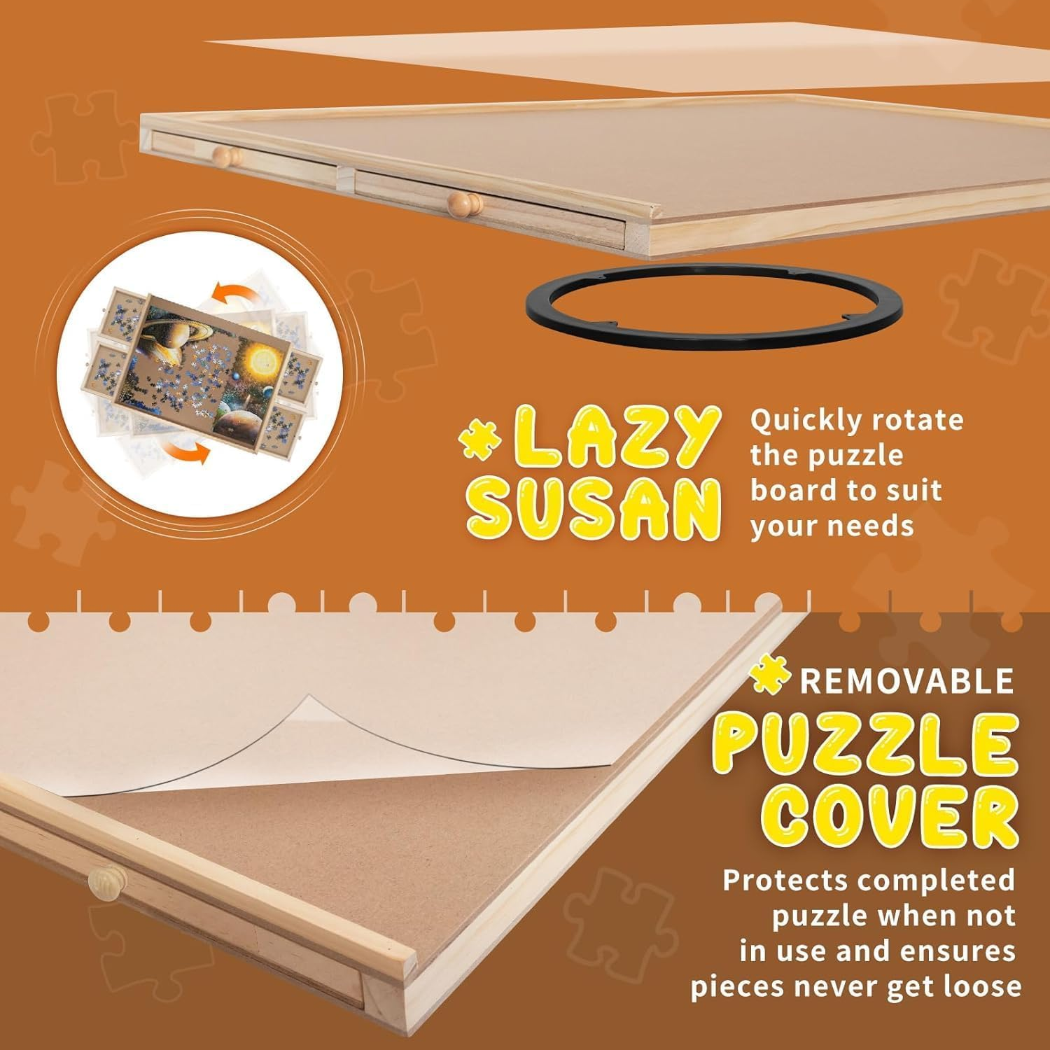 1500 Piece Rotating Puzzle Board with Drawers-Portable Wooden Jigsaw Table for Adults-Large Sorting and Storage Gifts (Natural Wooden)