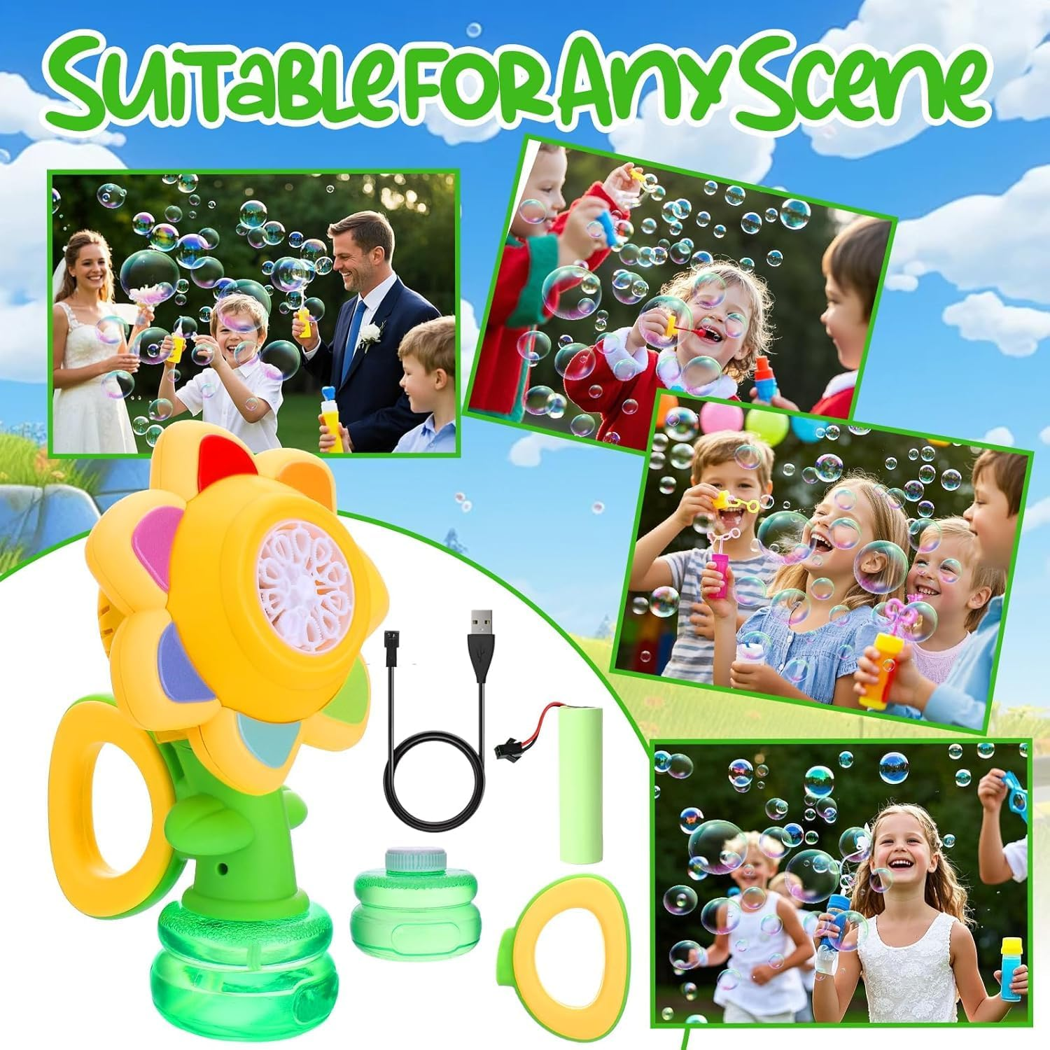 Bubble Machine for Kids,7 Color Sunflower Rechargeable Bubble Blower with Lights for Kids Ages 4-8,Toddlers 3 and up Automatic Bubble Maker for Bathtub Bath,Summer Outdoor Toys image number 3