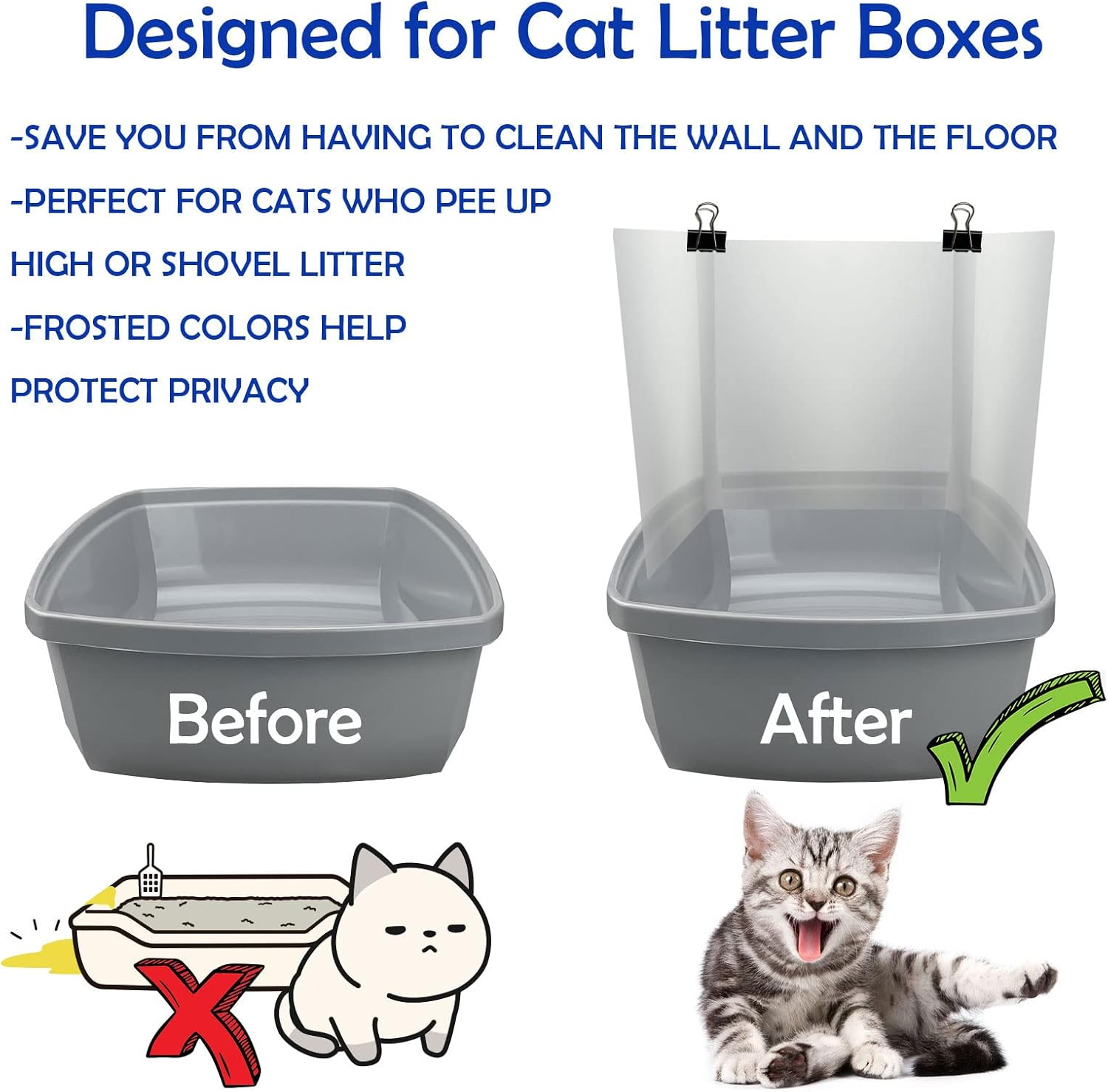 3 Pack Large Size Cat Litter Box Pee Shields, Easy Cleaning Frosted High Side Litter Box Splash Guard Cat Pee Shields for Open Top Litter Pan image number 5