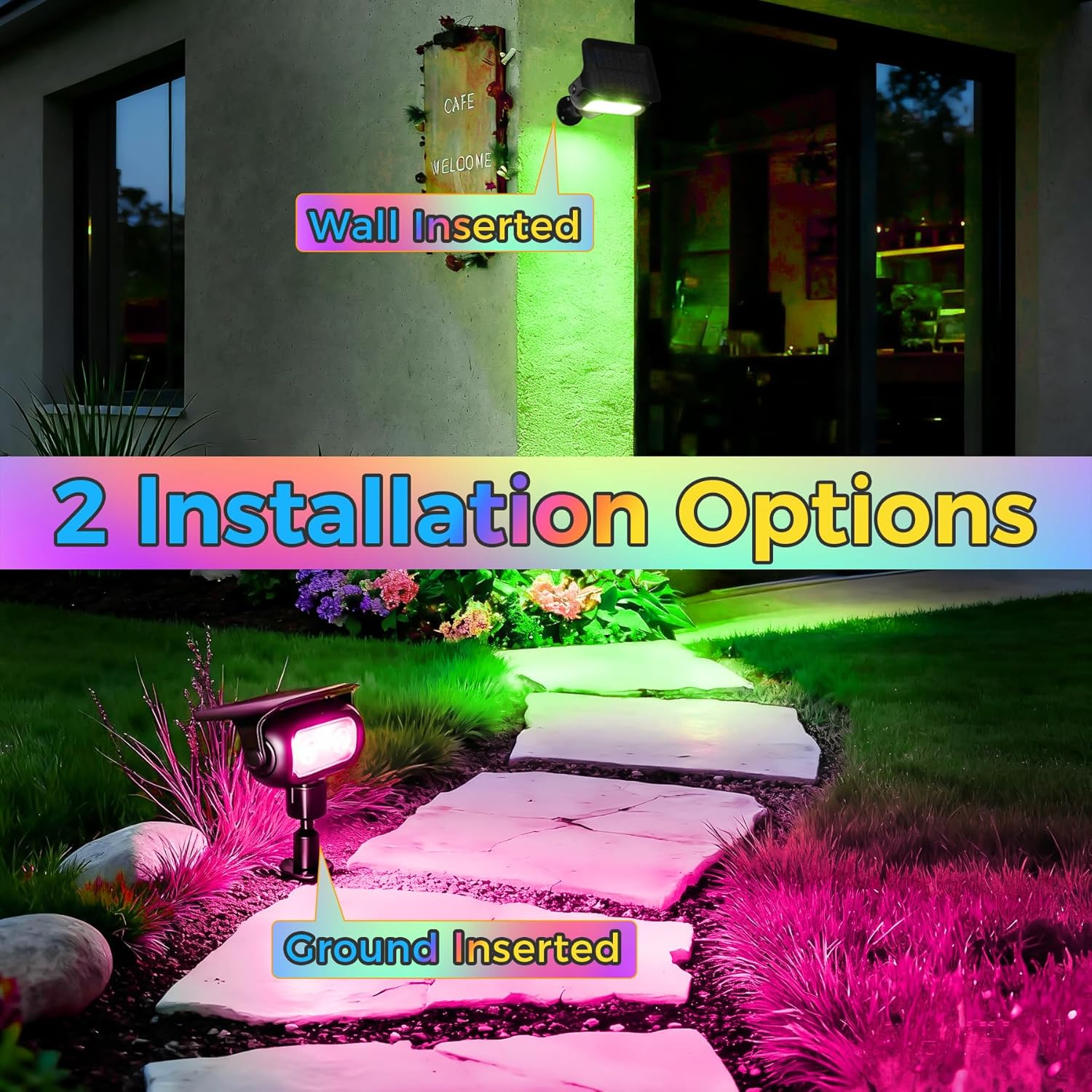 RGB LED Solar Garden Spotlights with Ground Stakes, 2 Pack, 5 Color Modes, Dusk-To-Dawn Sensor, IP65 Waterproof Outdoor Solar Lights for Yard, Lawn and Pathway Lighting