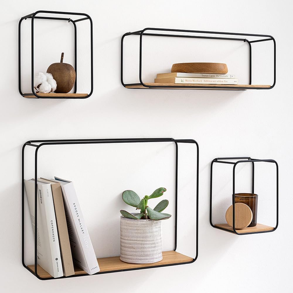 Wall Shelves, 4-Part Shelving Unit Made of Metal and Real Wood Veneer, Wall Decor, Storage and Book Shelf for Bathroom, Living Room, Kitchen, Bedroom and More, Black
