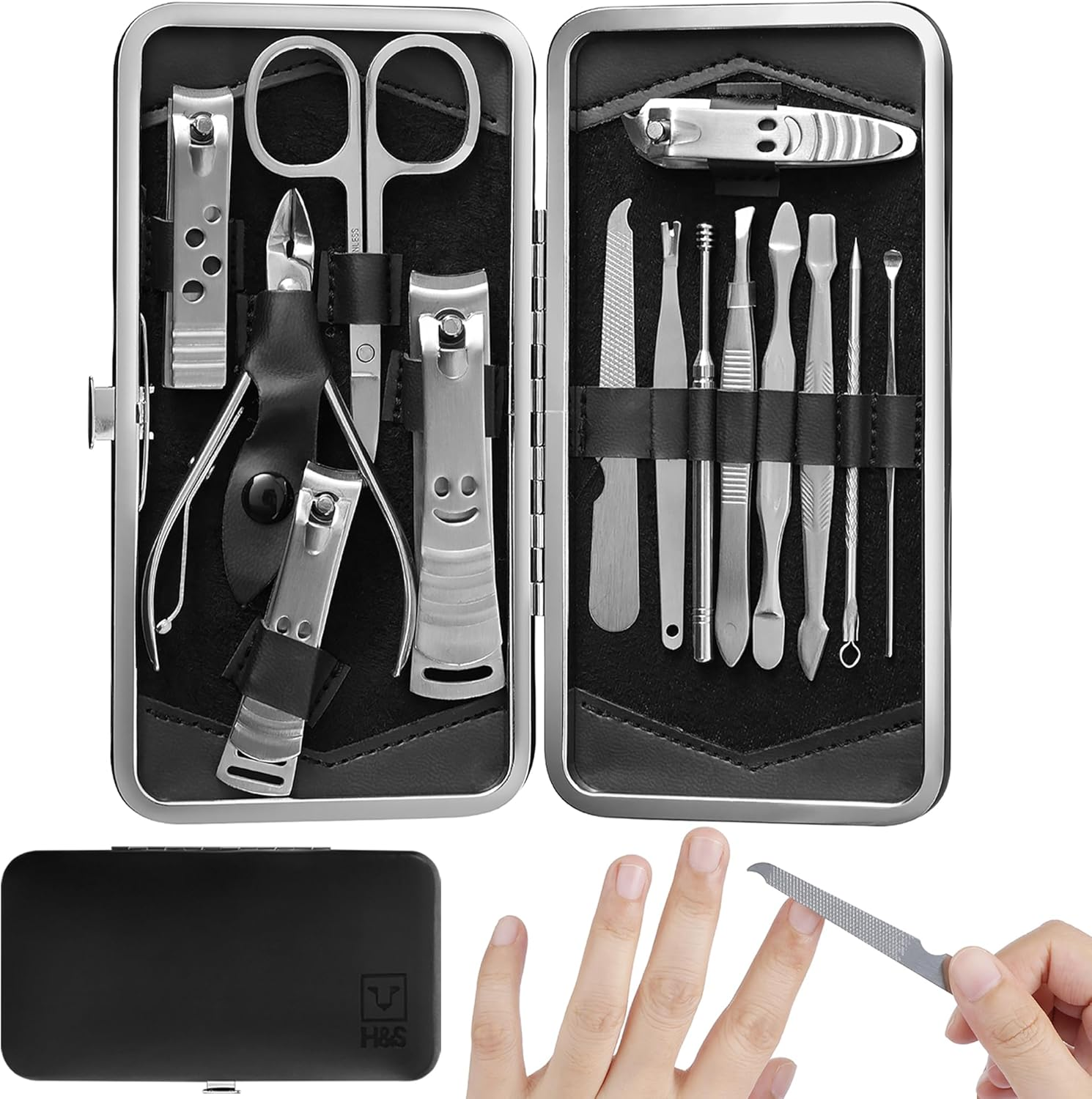 H&S Manicure Set for Women & Men - Manicure & Pedicure Tools & Accessories - 14 Pcs - Stainless Steel Nail Clippers Set & Cuticle Remover - Cutter Trimming Grooming Tools - W/Leather Case - Nail Kit