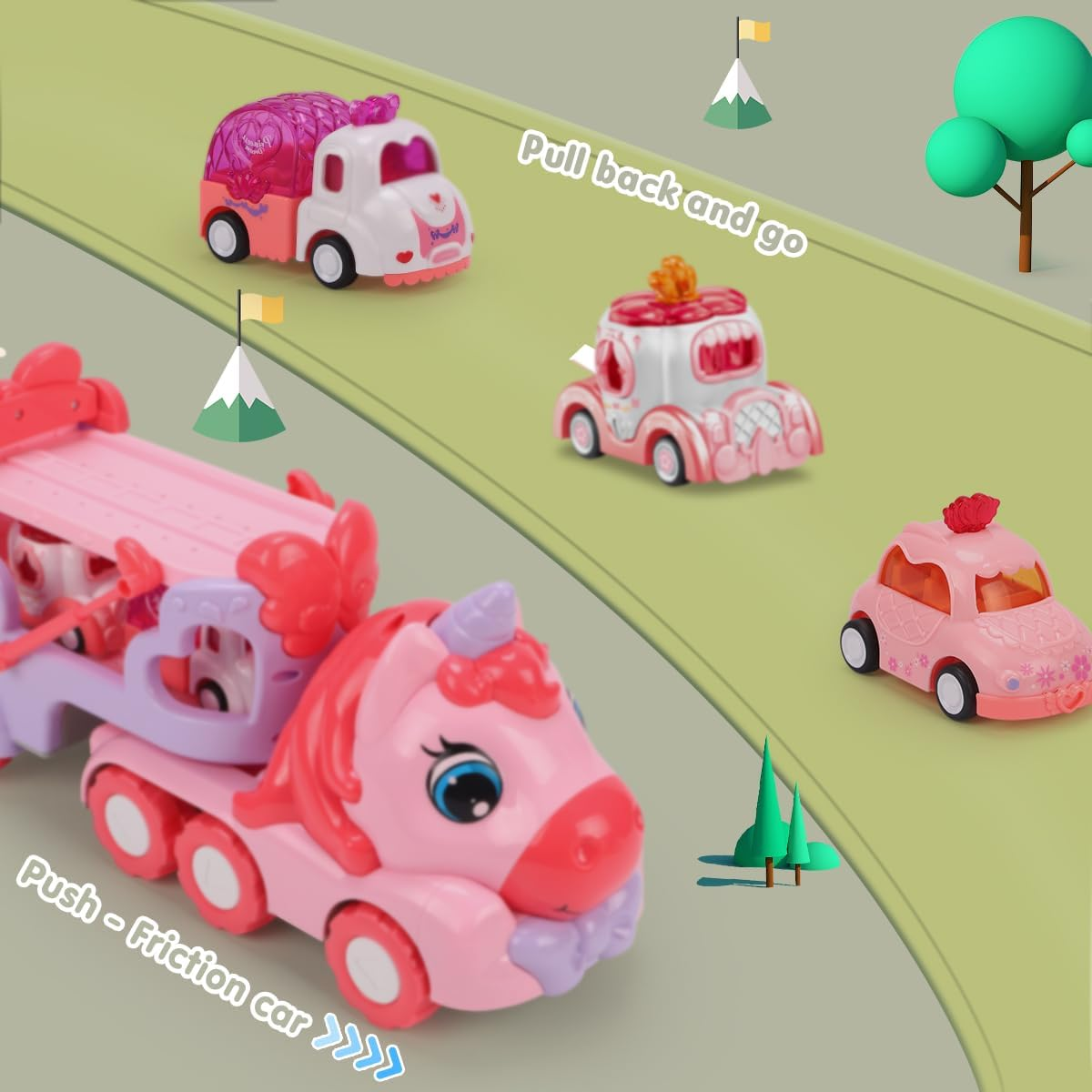 Qizebaby Toy Cars for Toddlers Girls，5 in 1 Carrier Truck Toy for Kids，Transport Vehicles with Light & Music,Unicorn Toys for 1 2 3+ Year Old Girl Gifts image number 1