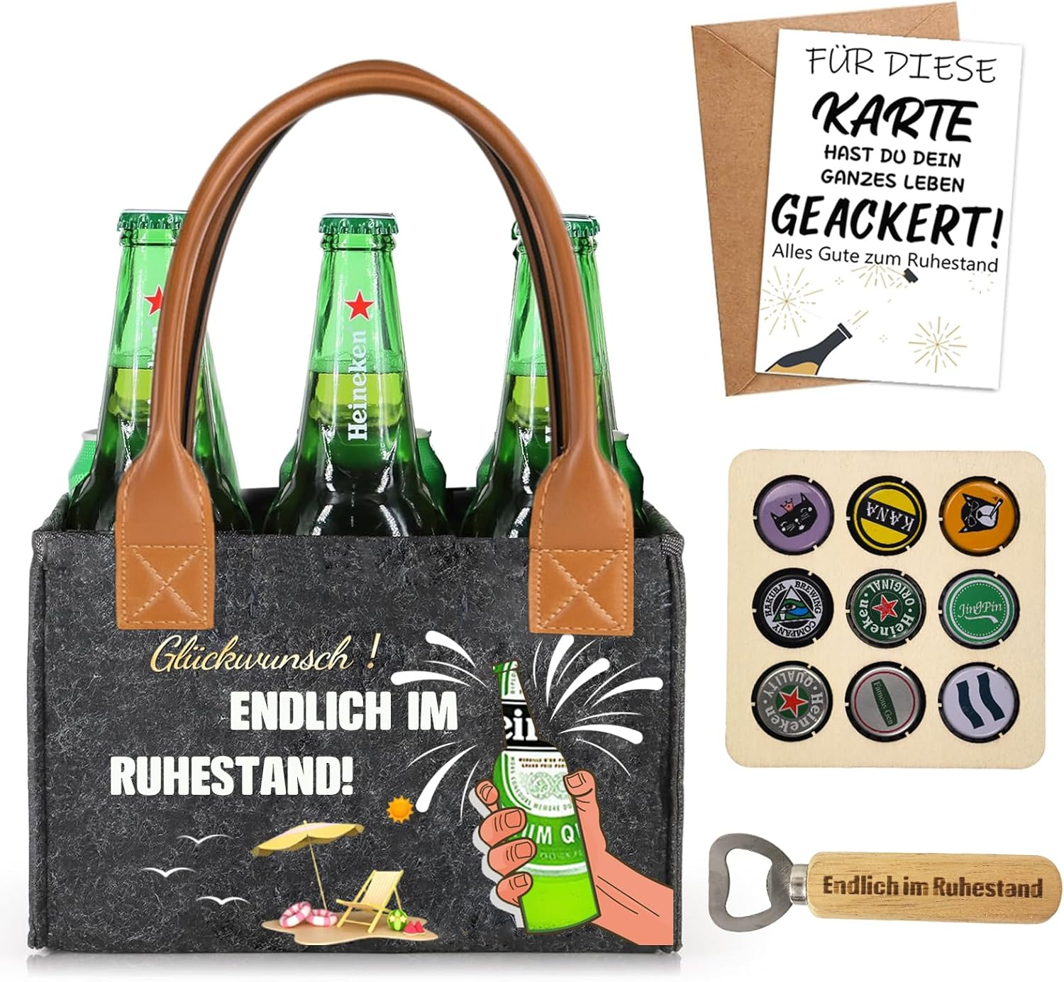 Retirees Gift, High Quality Felt Beer Bag for 6 Bottles with Bottle Opener & Greeting Card & Collector of Beer Bottle Caps - Ideal Retirement Gift for Men, Friends, Coworkers, Gray image number 5