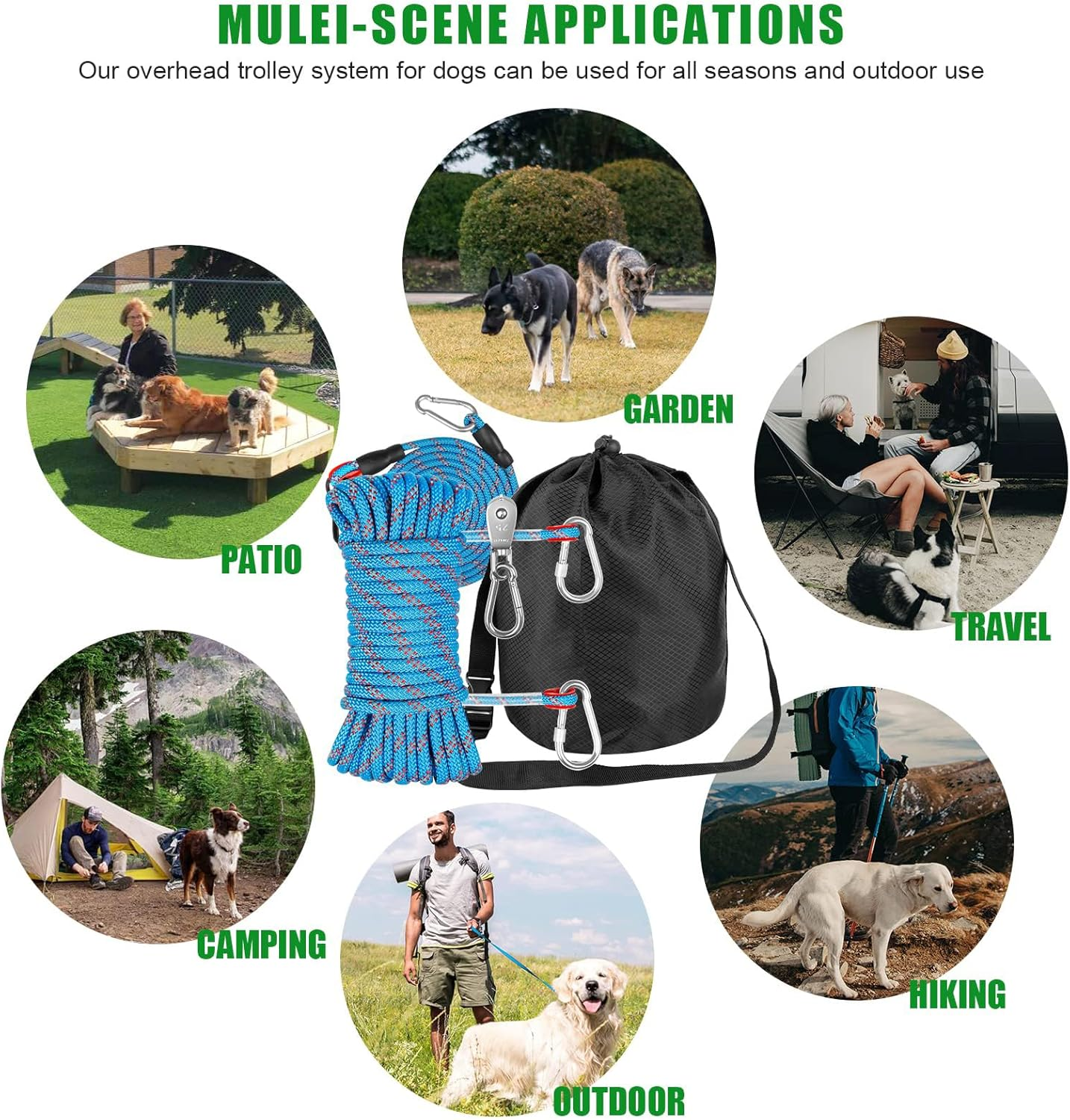 Dog Camping Essentials,Tie Out Cable for Camping,50Ft Portable Trolley System with 10Ft Runner Lead for Dogs up to 200Lbs，Portable Reflective Dog Lead Line for Yard, Park and Outdoor (Blue)