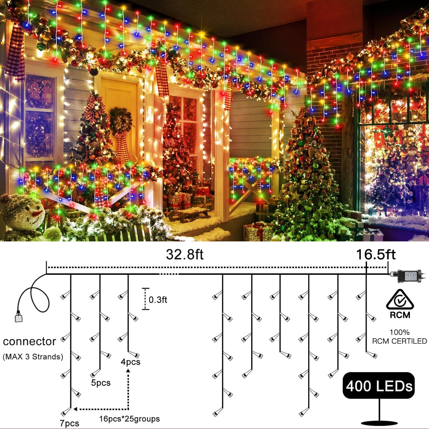 Christmas Lights Outdoor, Icicle Lights 32.8 Ft 400 LED Fairy Lights with Remote 8 Modes Icecycle String Lights Cascade for Wedding Indoor outside Party Holiday House Xmas Decorations(Colorful) image number 3
