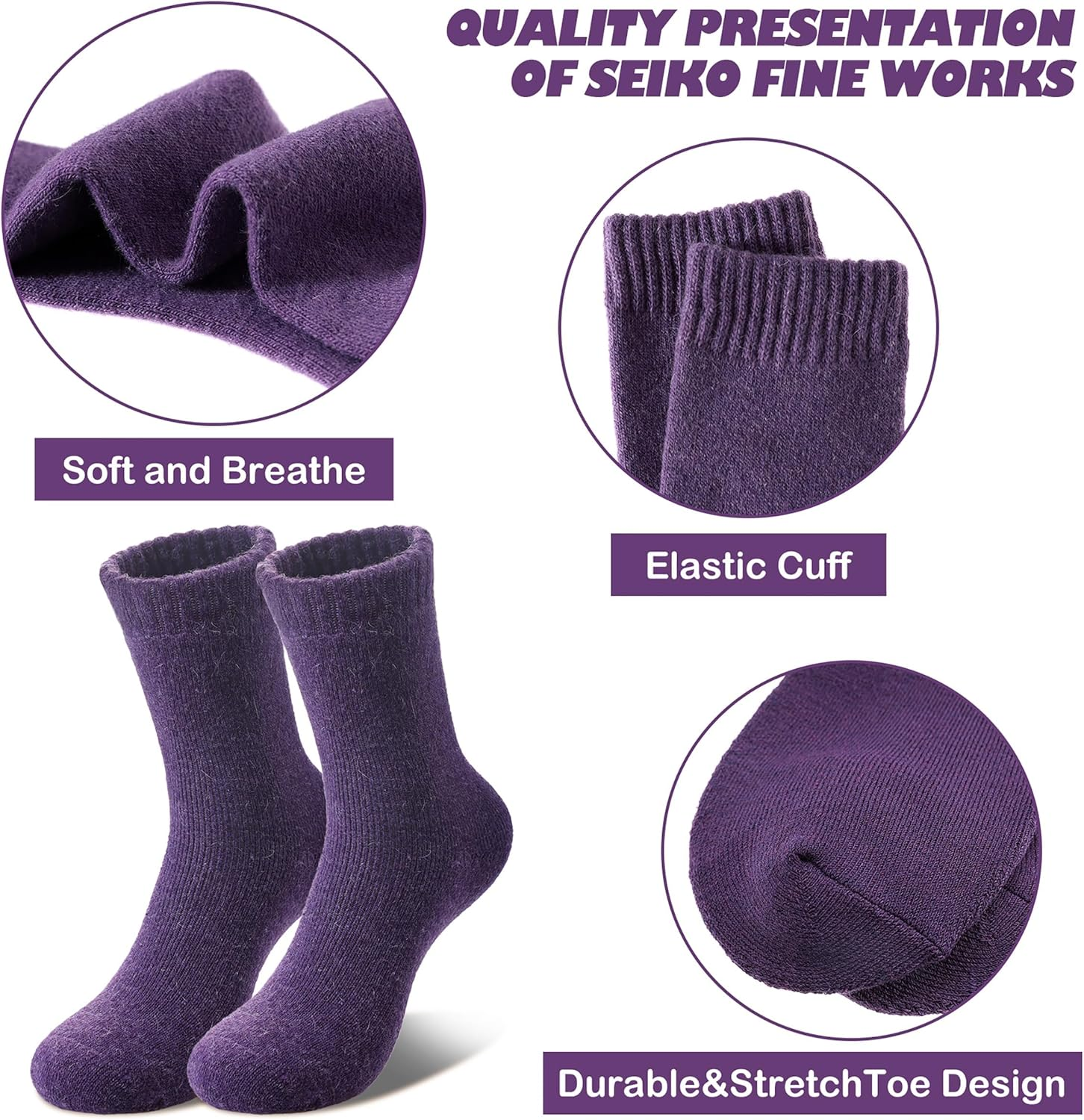 Wool Socks for Women Winter Warm Hiking Thick Warm Cozy Boot Socks 5 Pairs image number 2